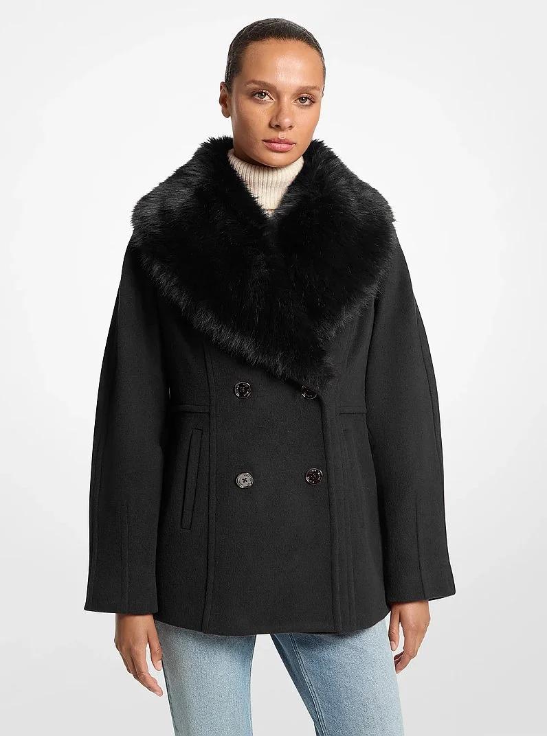 Faux Fur Collar Wool Blend Peacoat - 1