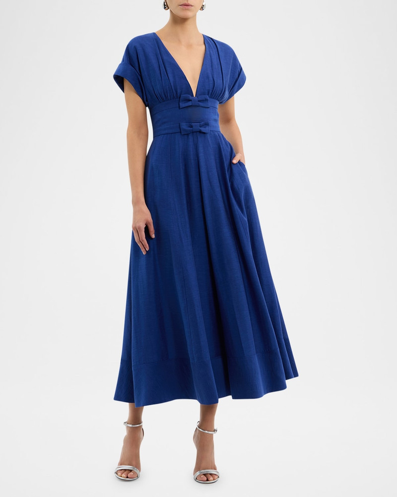 REBECCA VALLANCE Cera Deep V-Neck Bow Midi Dress outlook