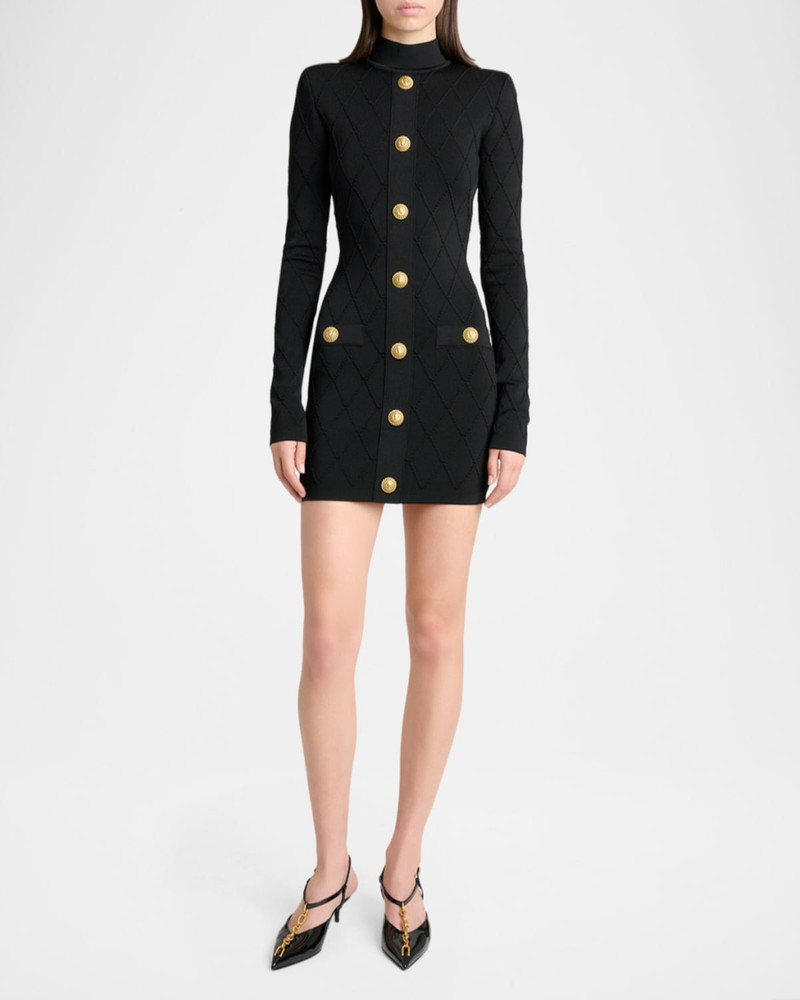 Long-Sleeve Buttoned Knit Mini Dress 4