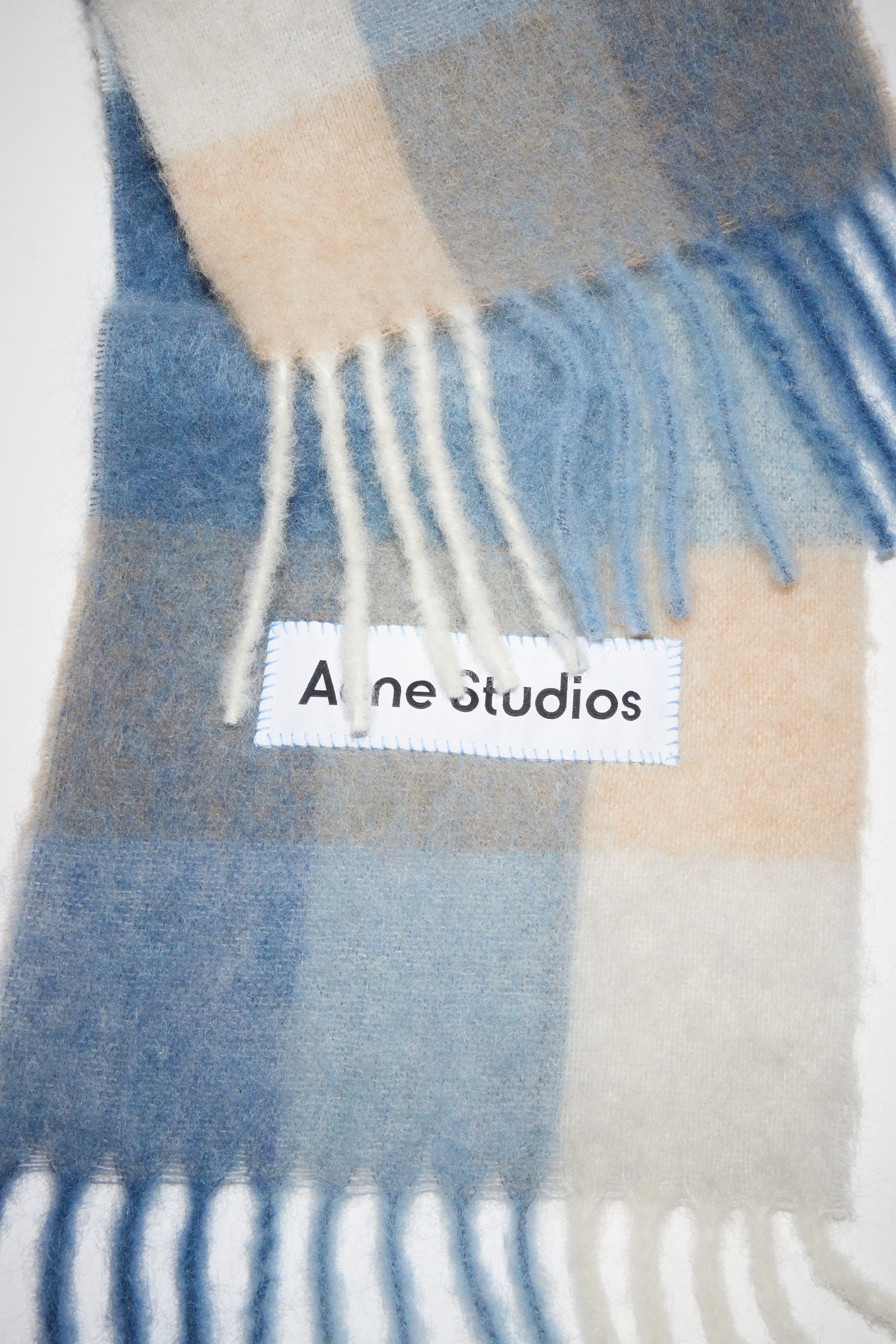 Checked wool fringe scarf - Pastel blue/beige - 4