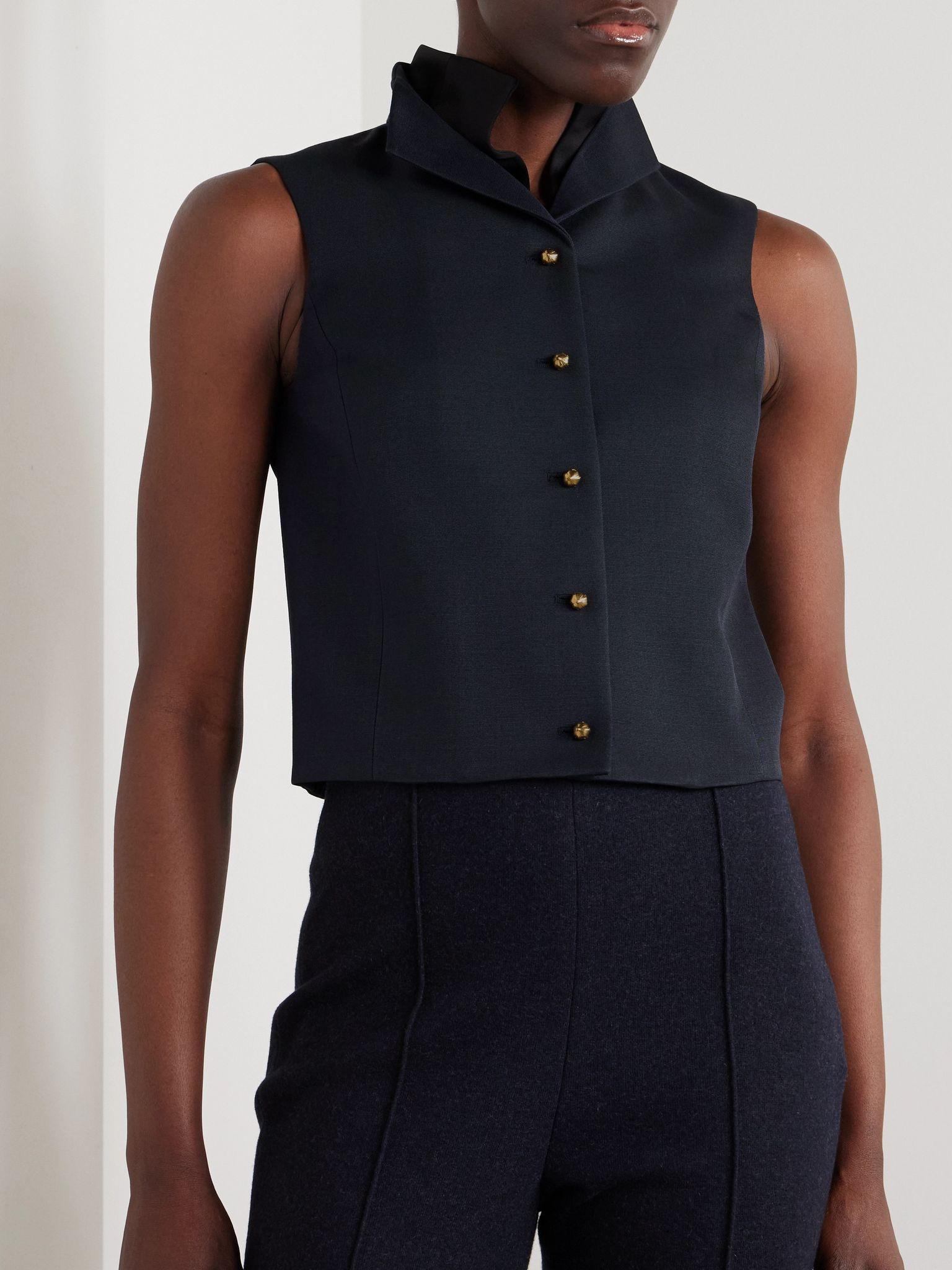 Dianne layered satin-trimmed grain de poudre wool and silk-blend vest Navy - 3