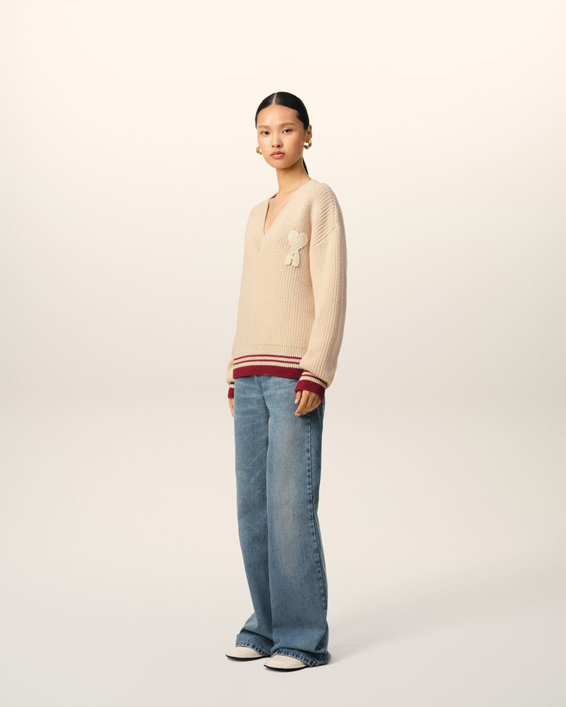 BEIGE WOOL RIBBED V NECK SWEATER 6