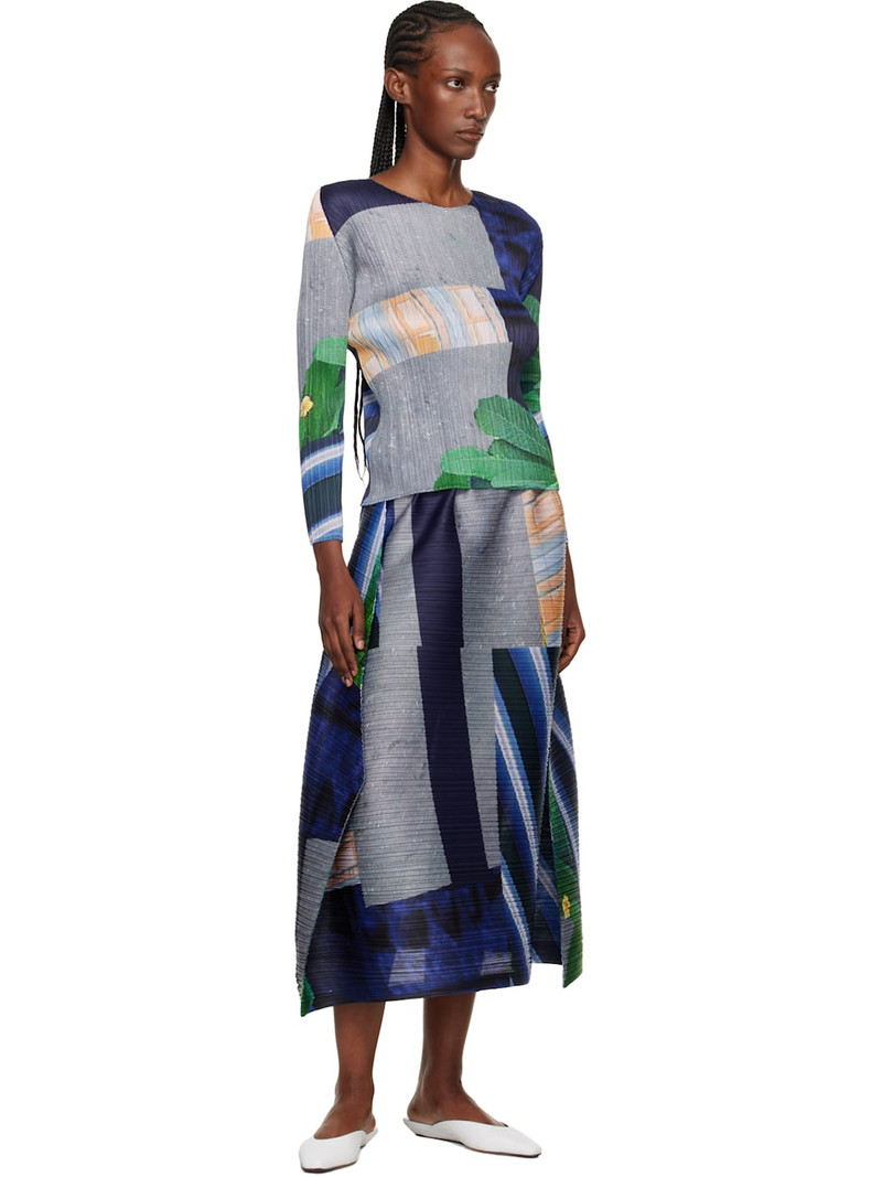 Pleats Please Issey Miyake Gray & Navy City Collage Midi Skirt outlook