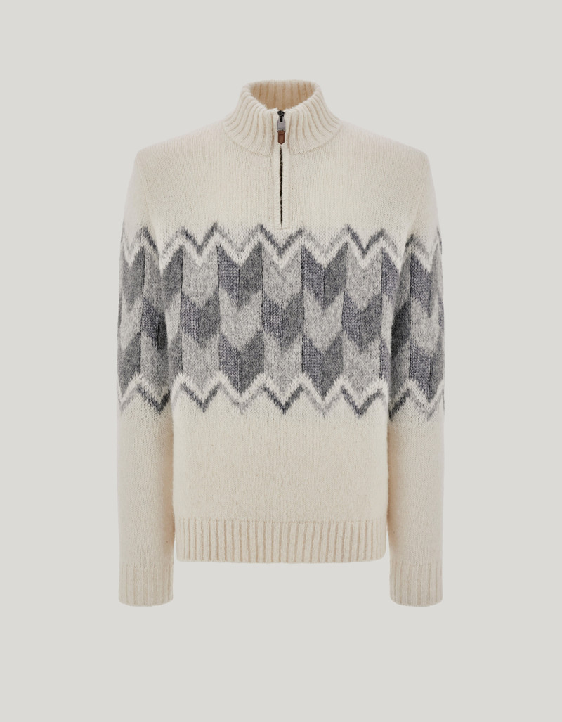 CREAM ZIPPERED MOCK NECK SWEATER WITH GRAY TONES IN AN ALPACA BLEND 1
