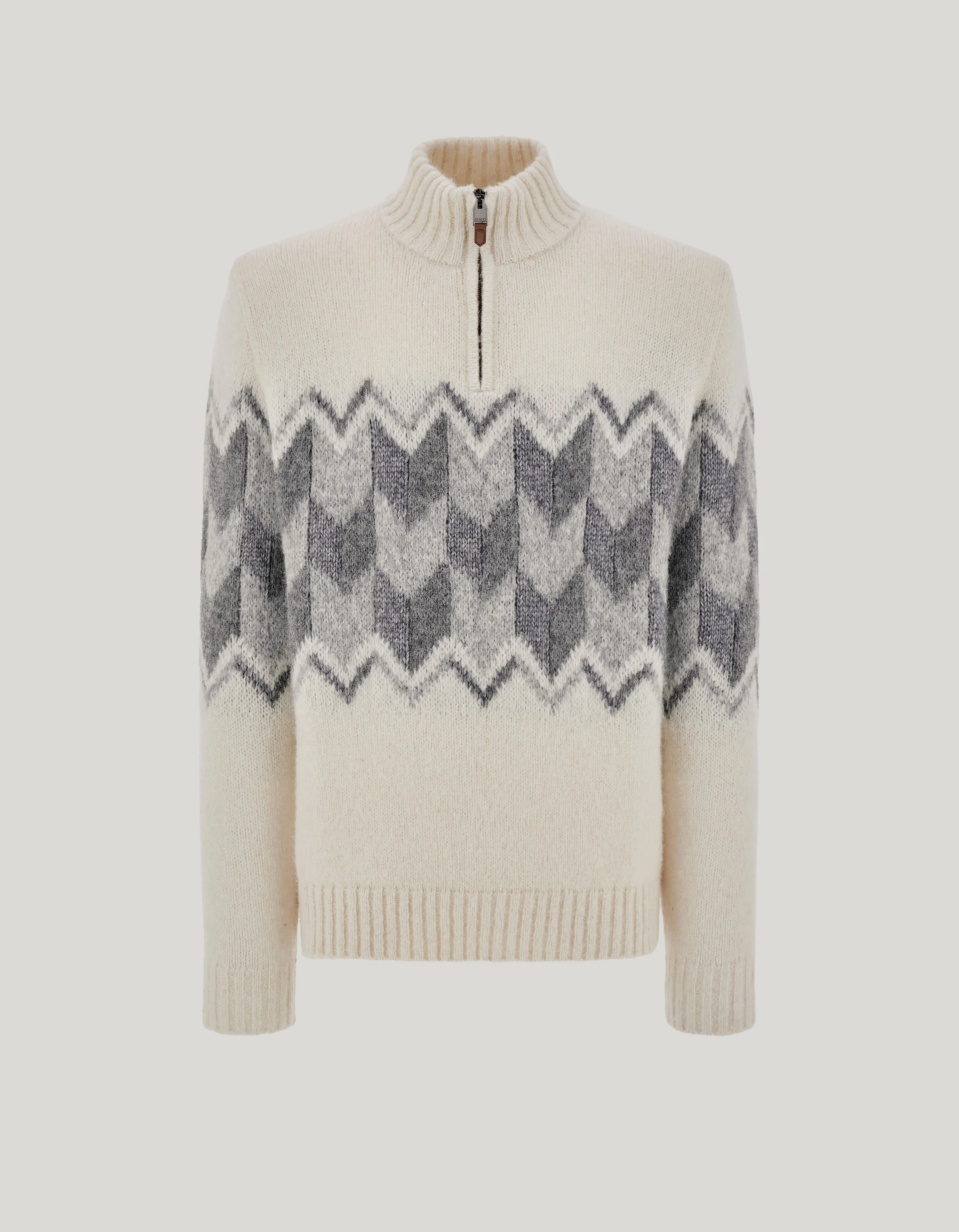 CREAM ZIPPERED MOCK NECK SWEATER WITH GRAY TONES IN AN ALPACA BLEND - 1