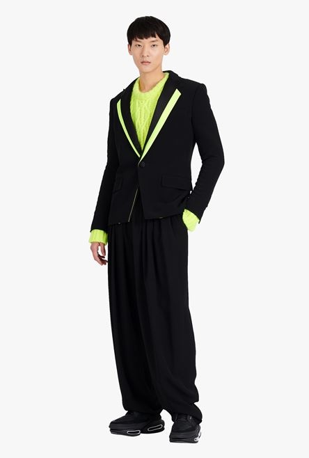 Black satin blazer with neon yellow collar - 2