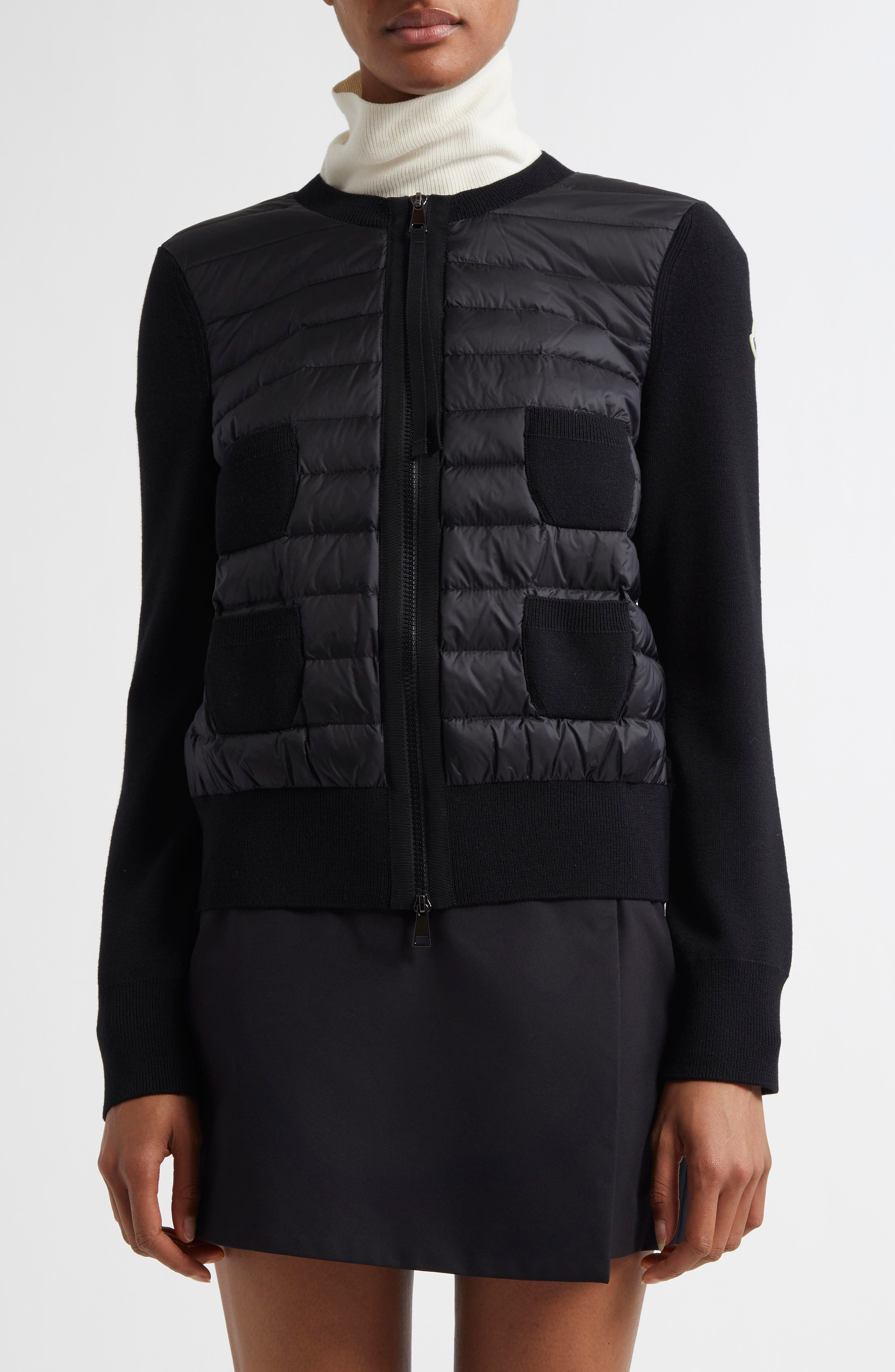 Moncler Mixed Media Quilt Front Wool Cardigan in Black/black at Nordstrom - 1