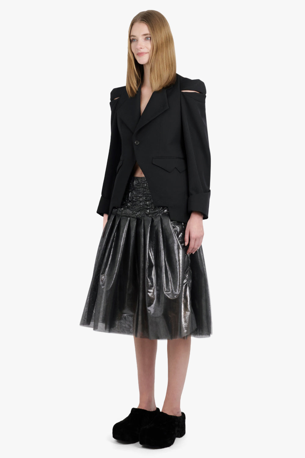 FOILED PRINT TULLE GATHERED MIDI SKIRT | SILVER/BLACK - 2