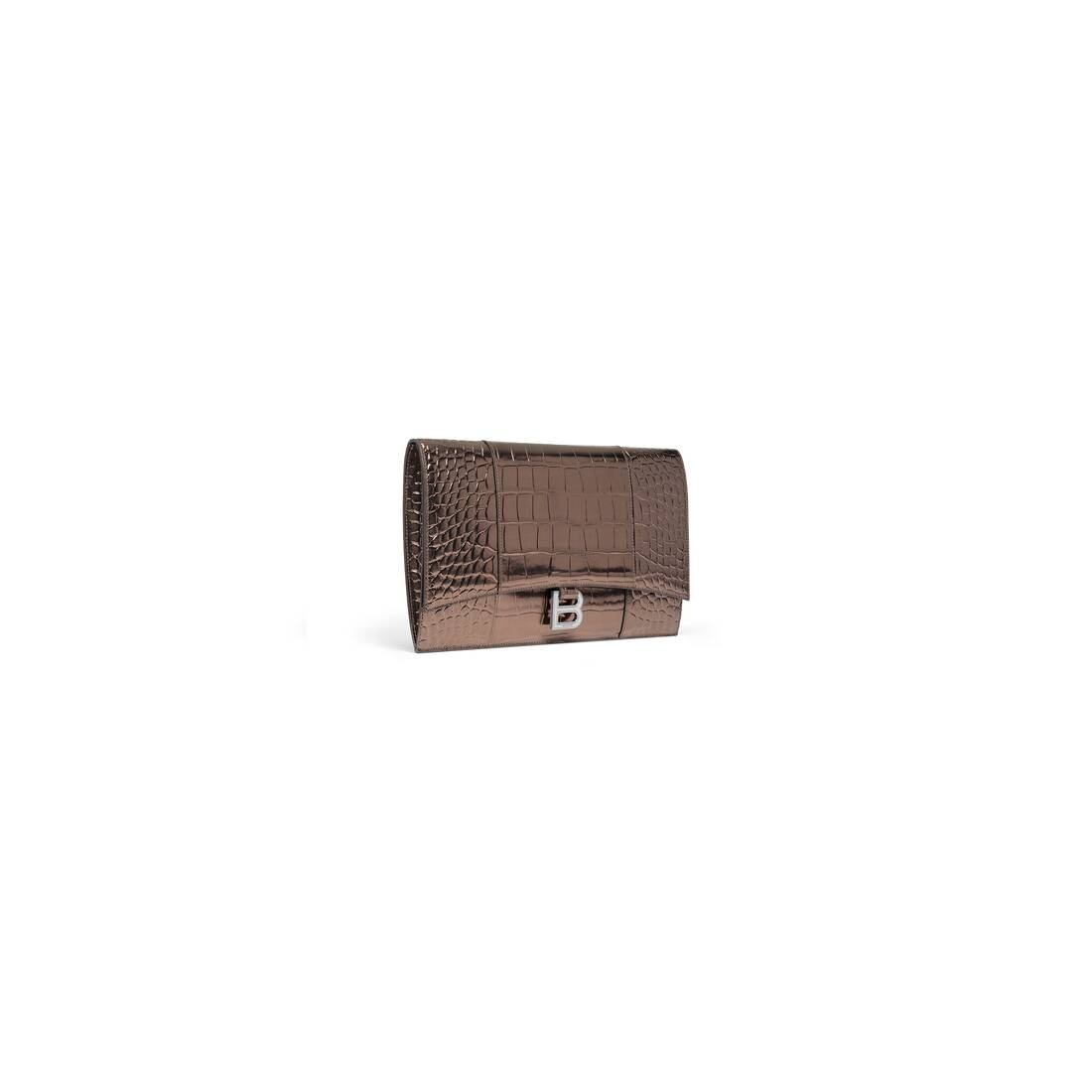 Women's Hourglass Flat Pouch With Flap Metallized Crocodile Embossed  in Bronze - 2
