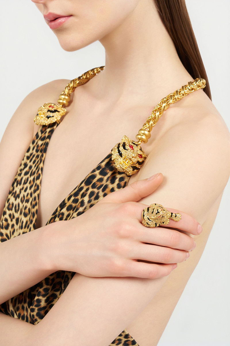 Roberto Cavalli Gold Crystal-Embellished Roar Ring outlook