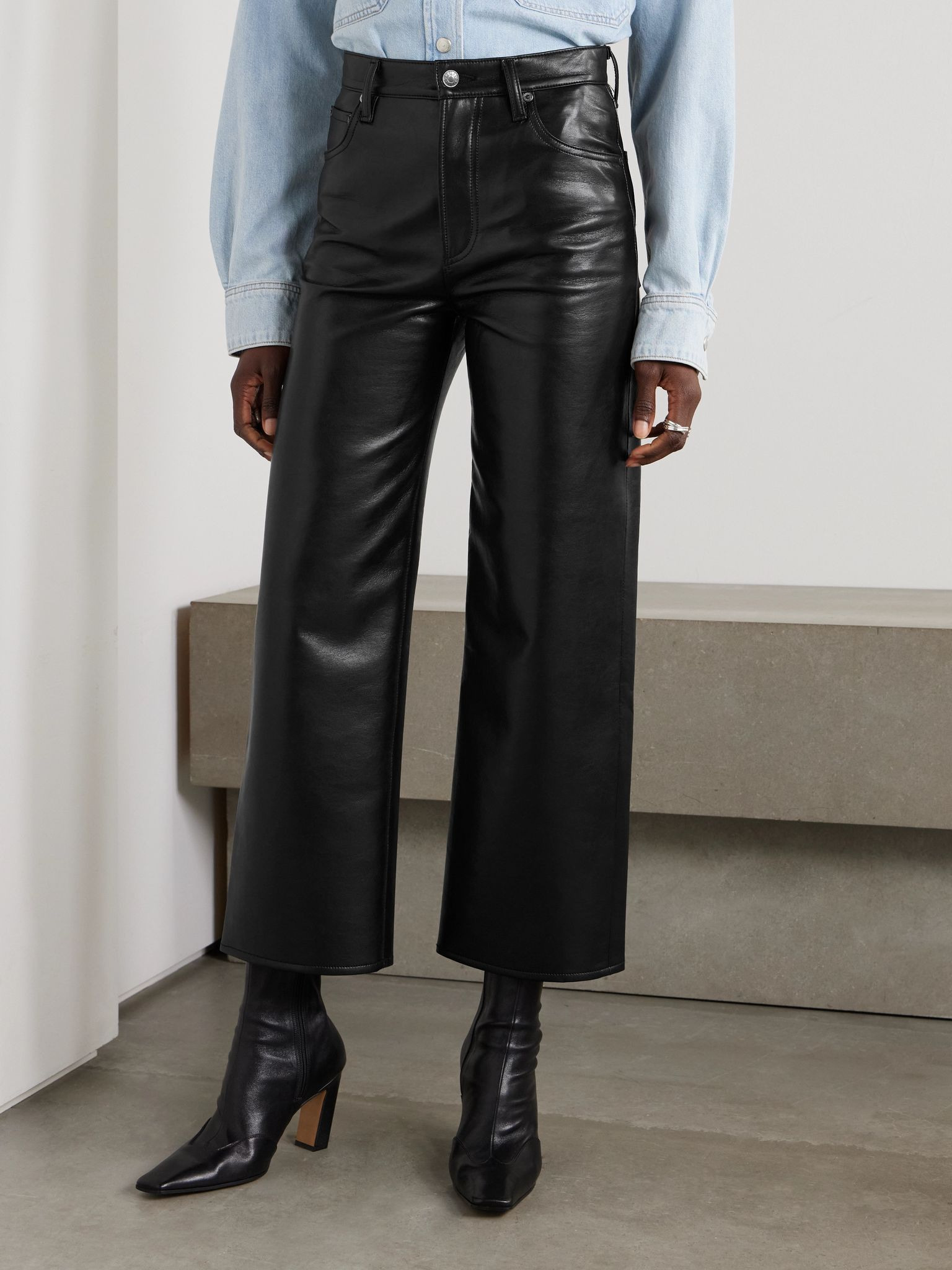Ren cropped high-rise wide-leg leather pants Black - 3