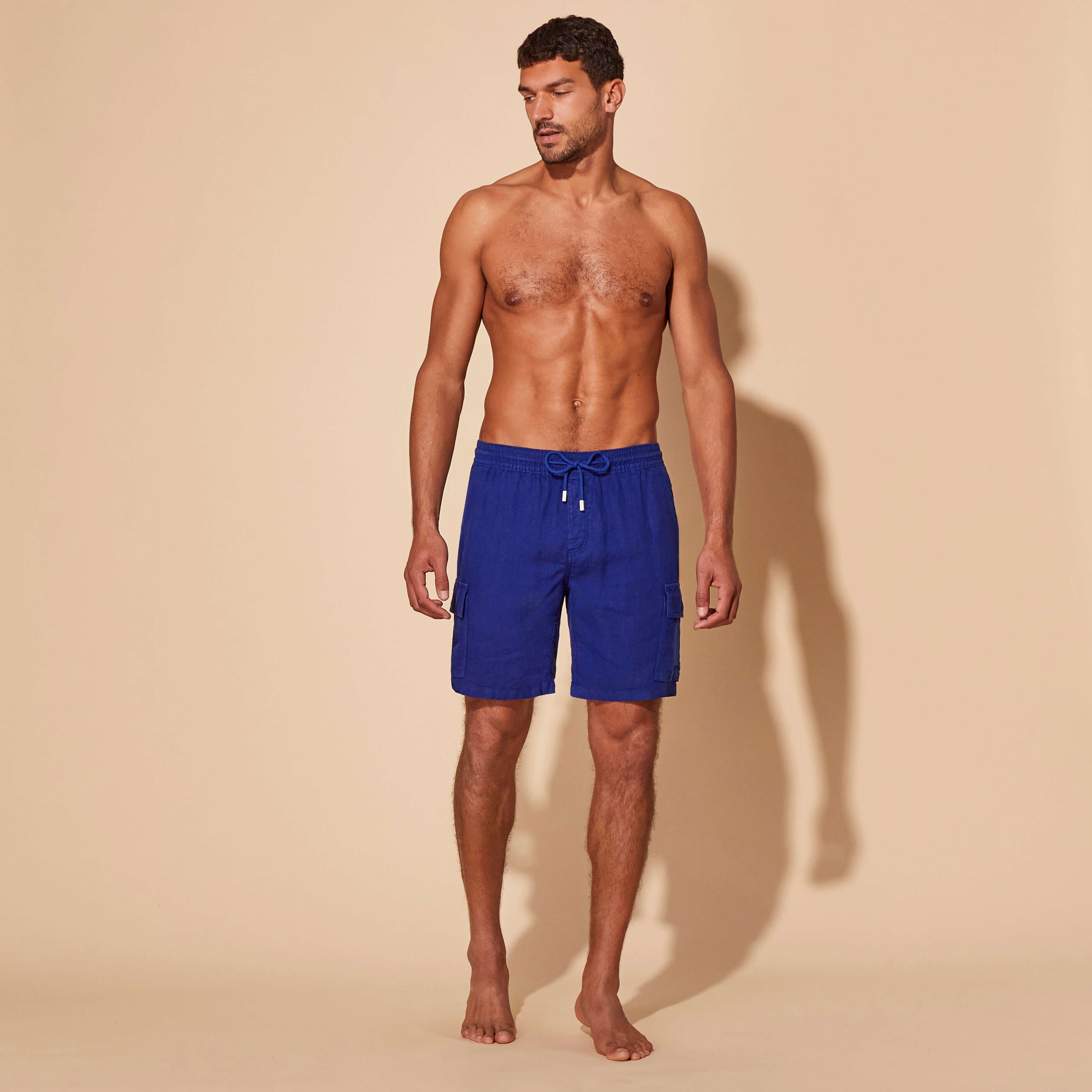 Men Linen Bermuda Shorts Cargo Pockets - 3