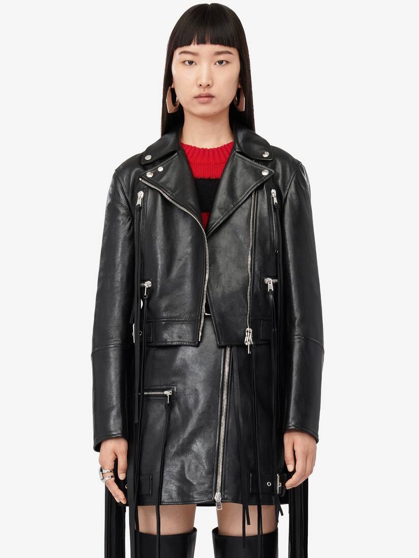Women's Fringed Biker Jacket in Black - 5