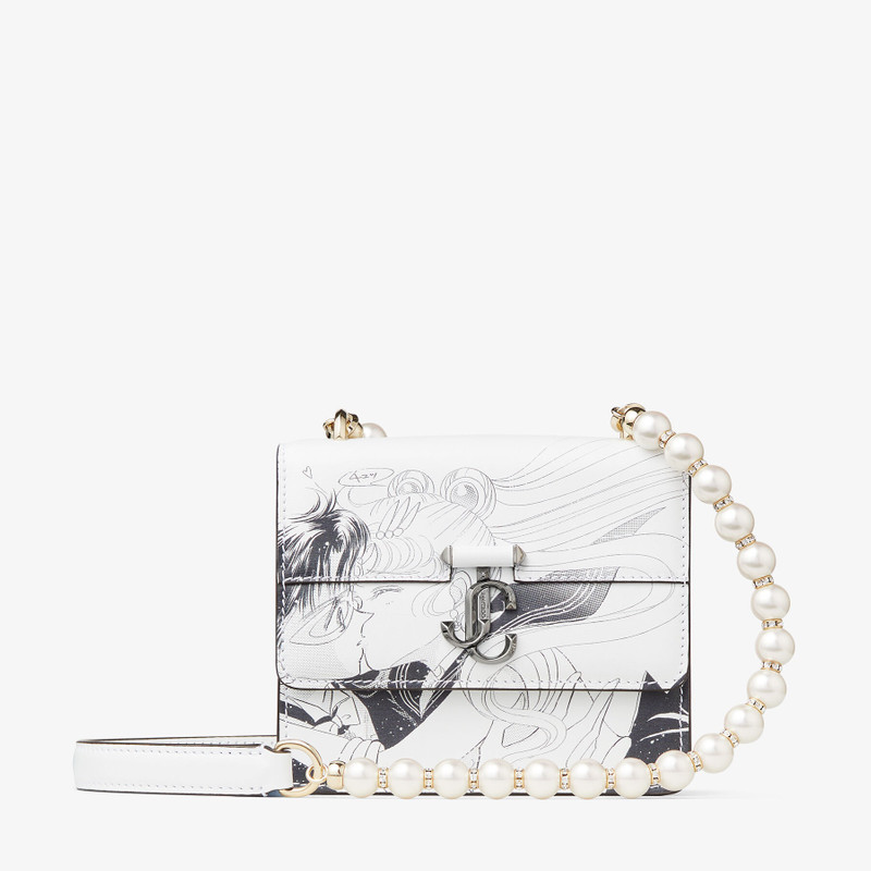 Sailor Moon & Tuxedo Mask Varenne Quad XS
Monochrome Printed Leather Shoulder Bag with Pearl Strap 1