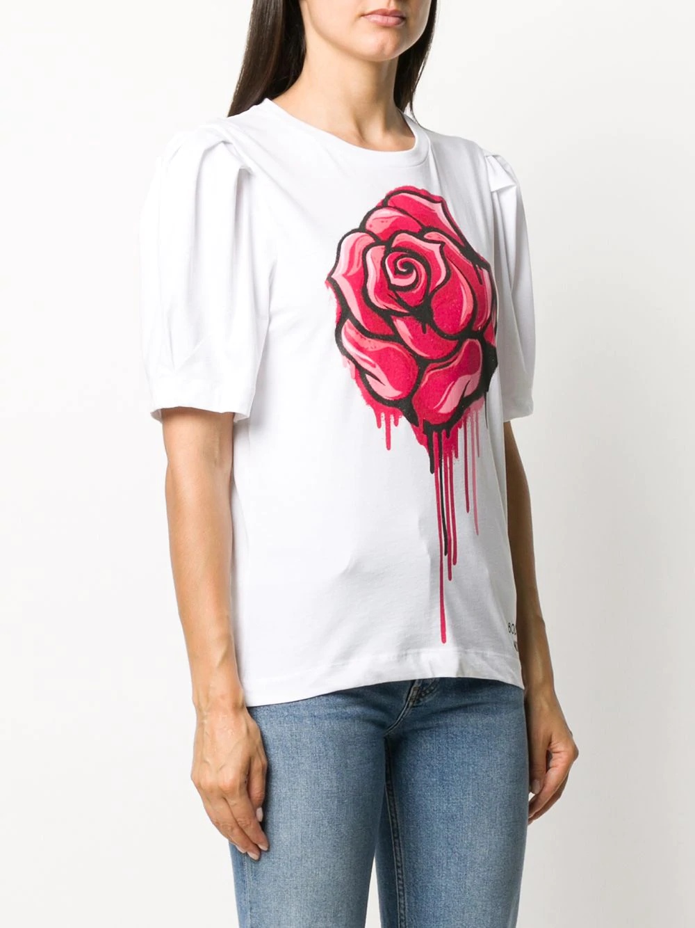 rose print puff sleeve T-shirt - 3