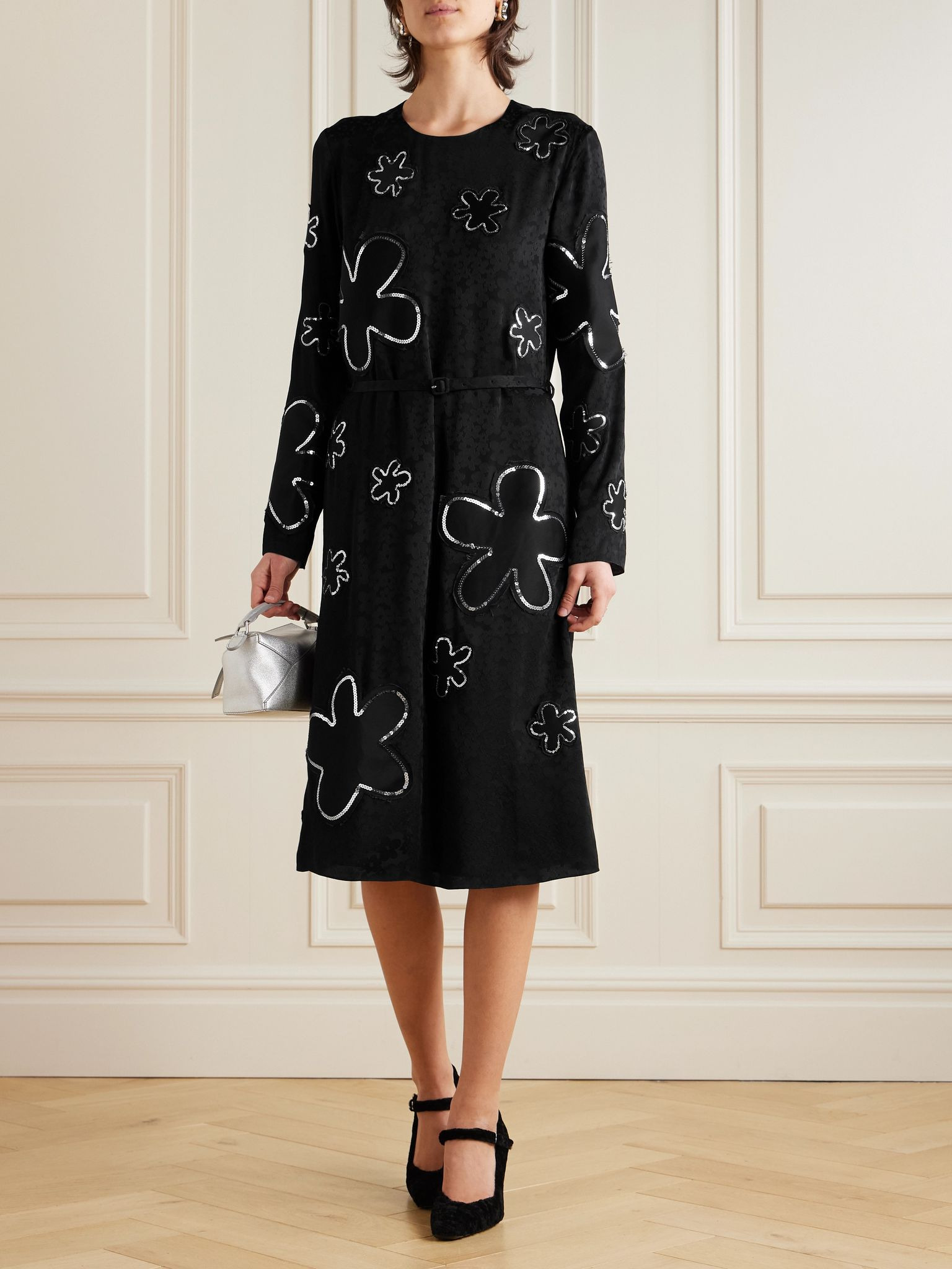 Belted sequin-embellished floral satin-jacquard midi dress Black - 2