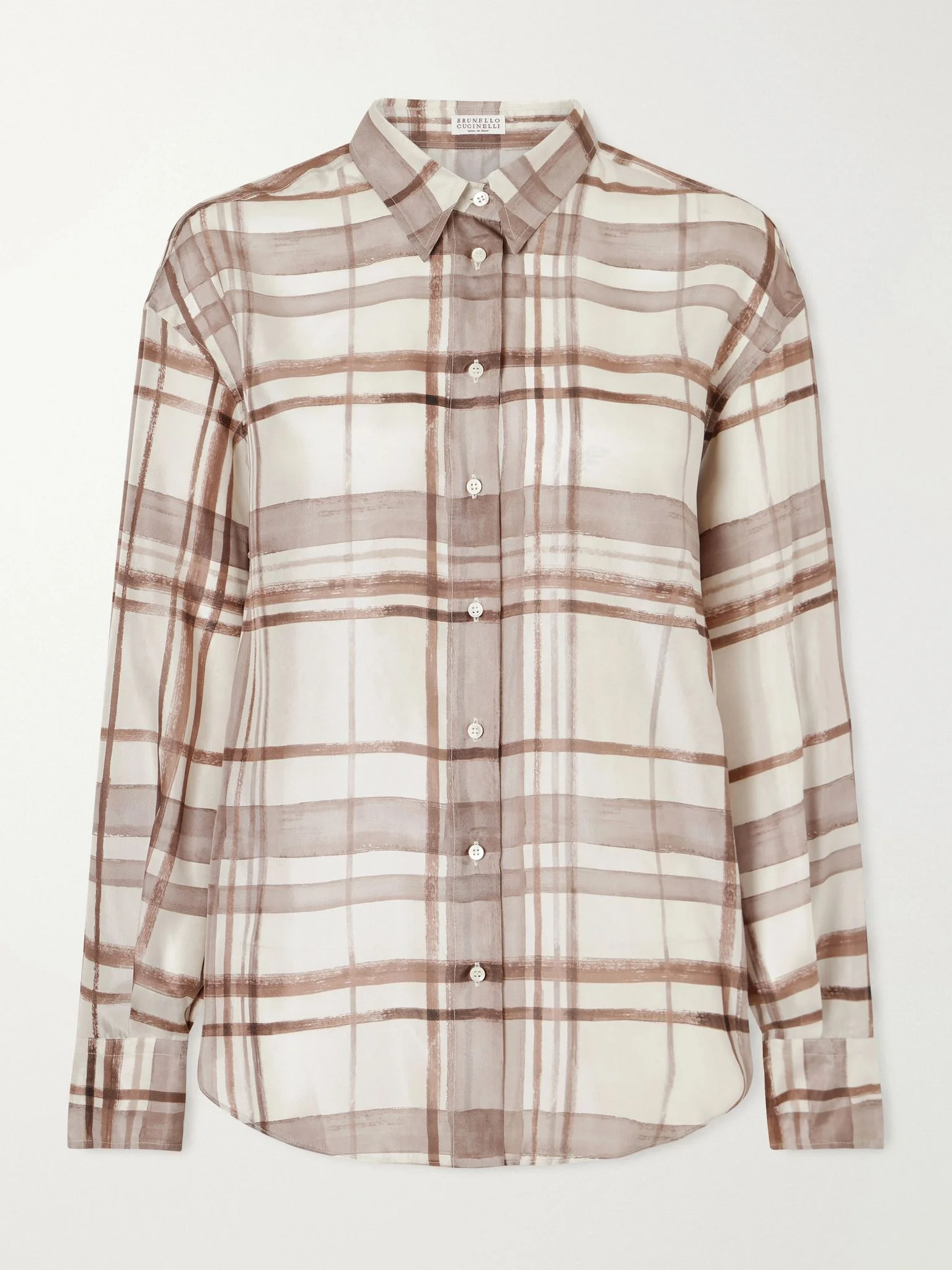 Checked silk-satin shirt Brown - 1