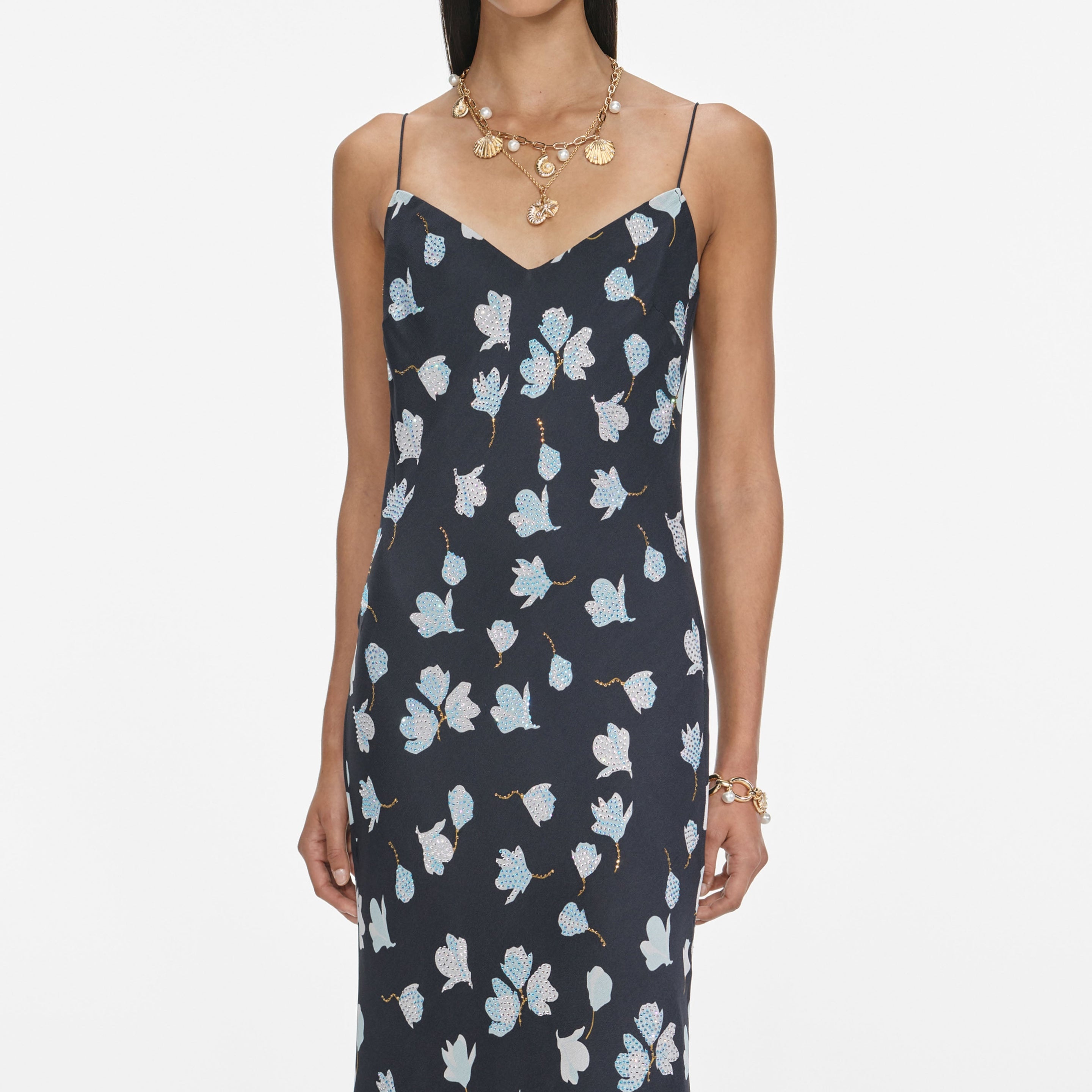 Navy Floral Rhinestone Midi Dress - 4