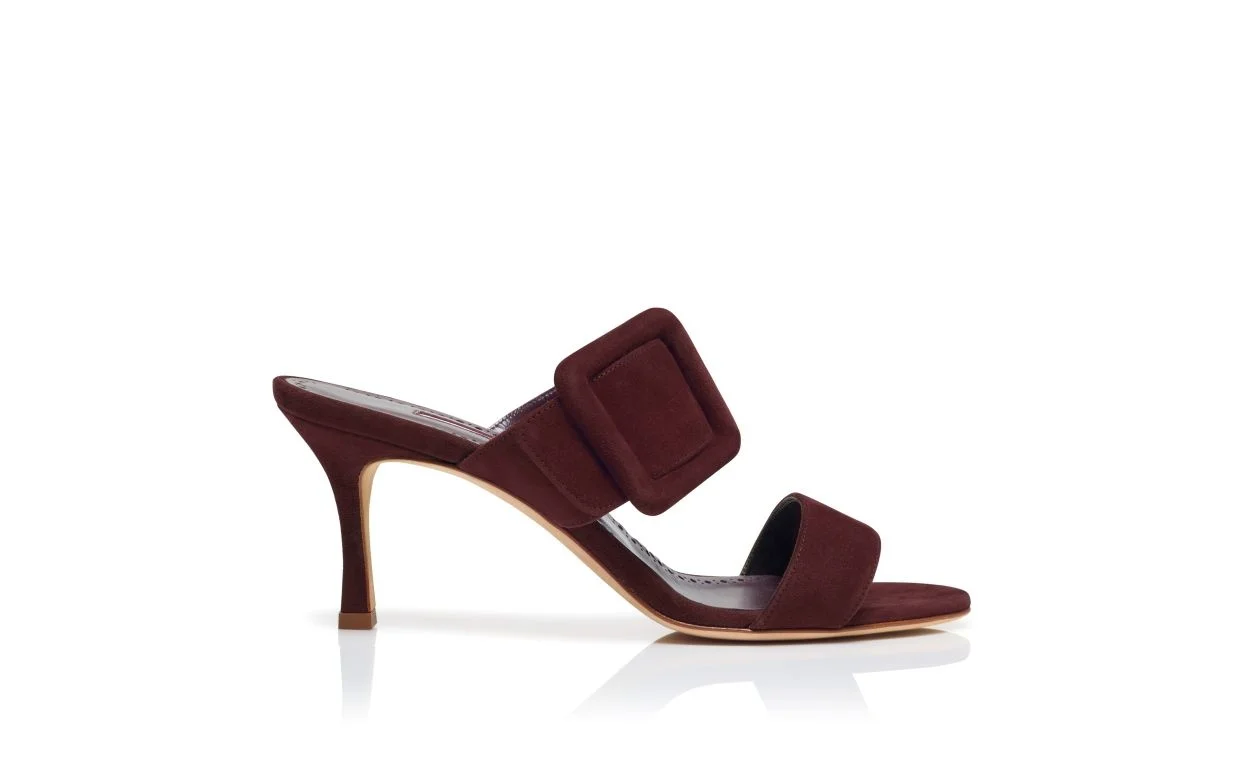 Dark Red Suede Open Toe Mules - 1