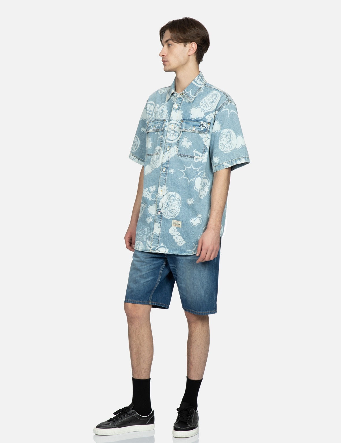 GRAFFITI DARUMA DAICOCK PRINT DENIM SHORTS - 4