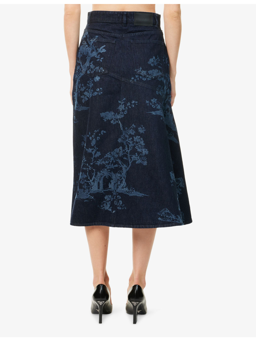Tree-Print A-Line Denim Midi Skirt - 4