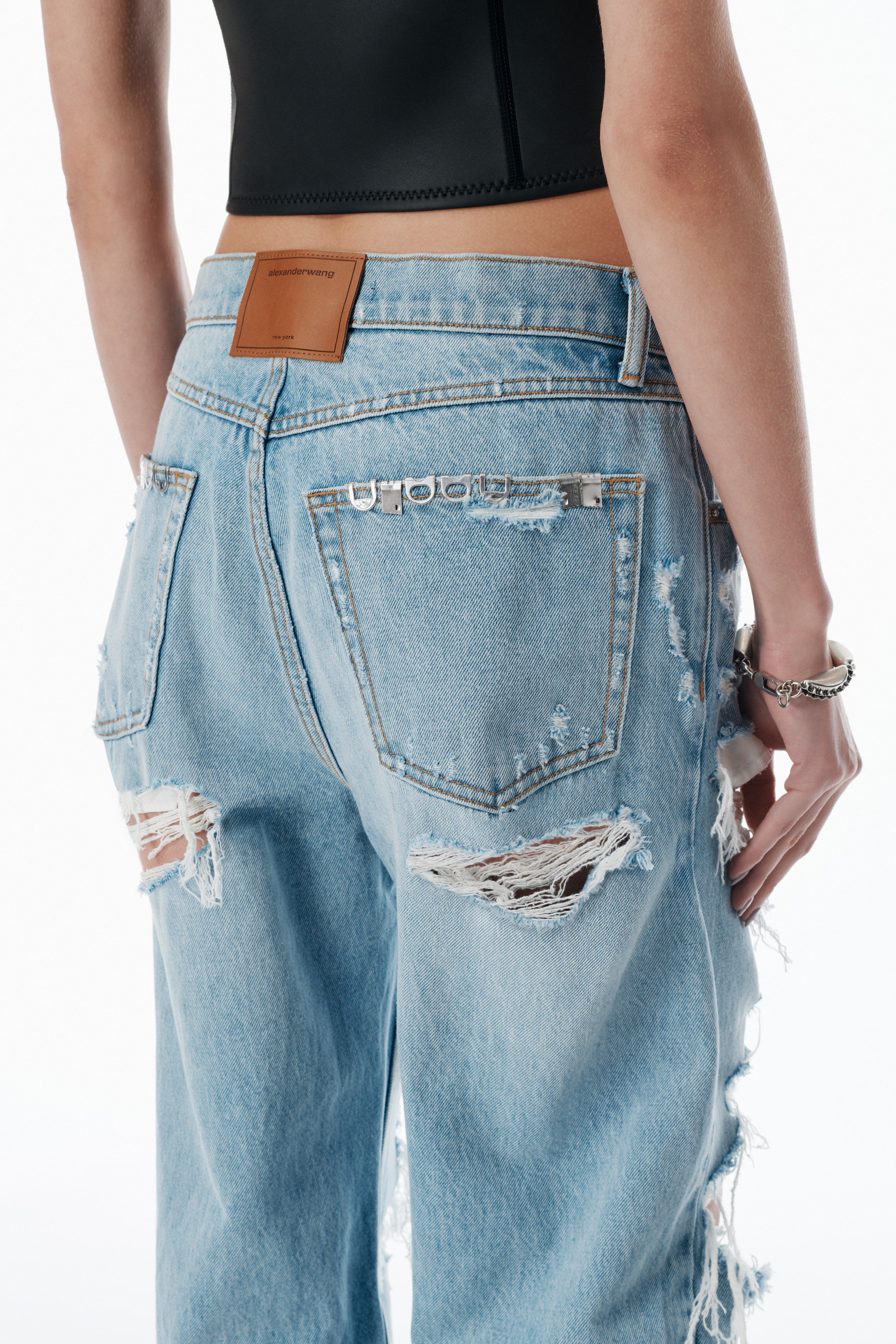 distressed ez mid-rise jeans with hardware - 5