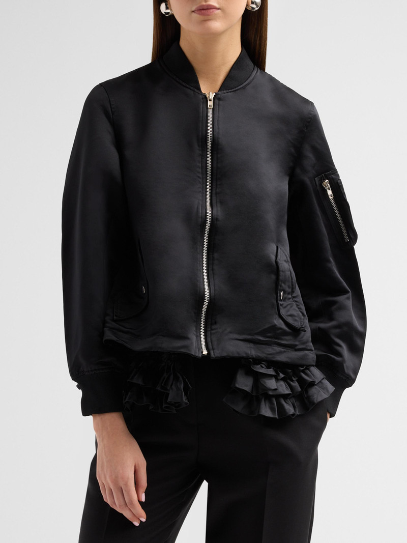 Women's Satin Ruffle-Trimmed Bomber Jacket - Black 4