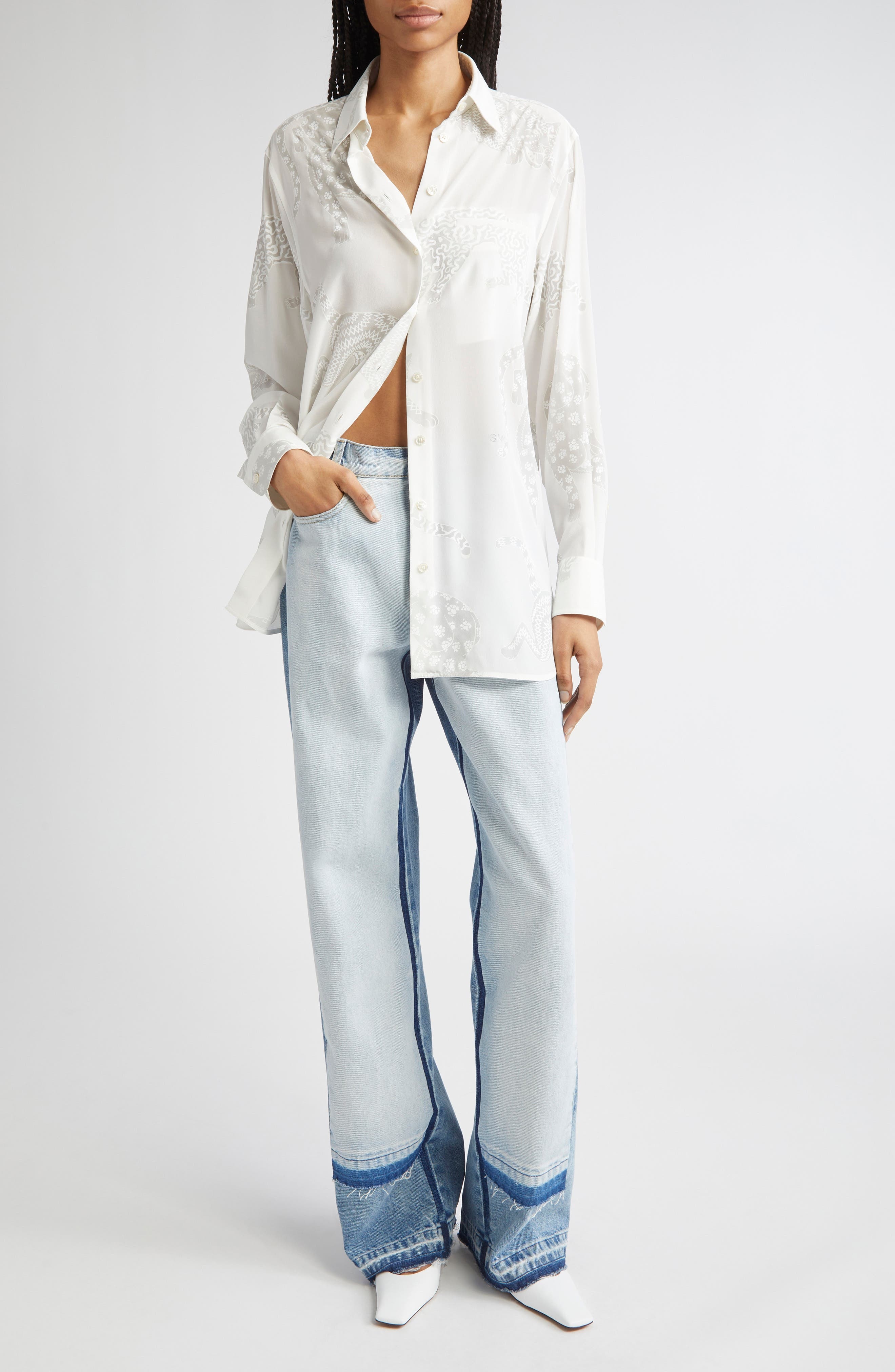 Stella McCartney Wildcat Print Silk Button-Up Shirt in Natural at Nordstrom - 2