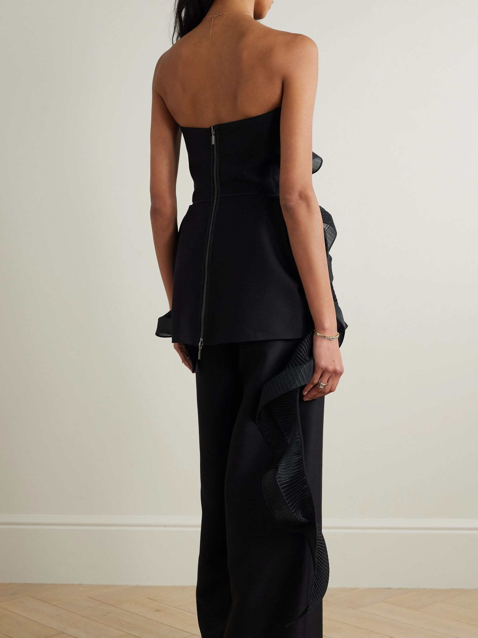 Mozart strapless asymmetric ruffled pleated wool and silk-blend top Black - 3