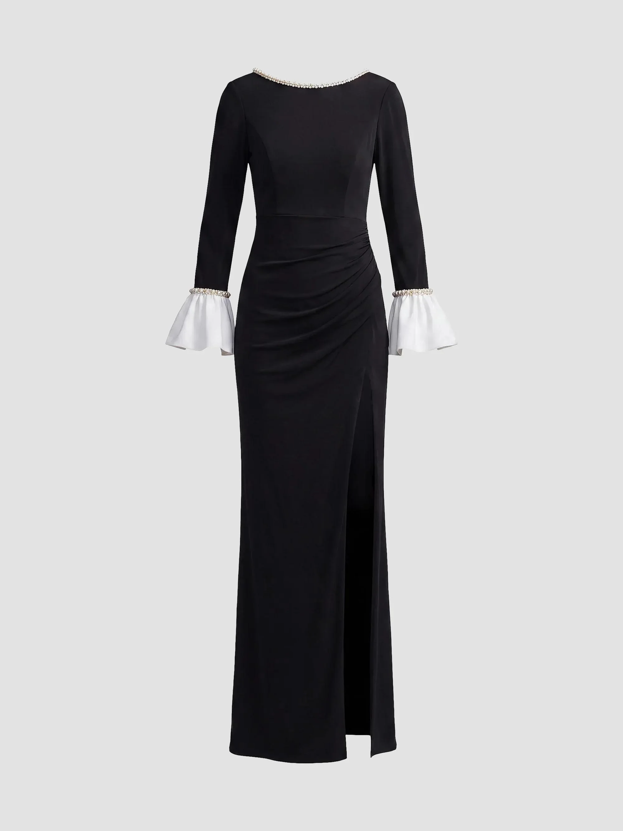 Women's Faux Pearl-Embellished Bubble Sleeve Gown - Black Ivory - 1