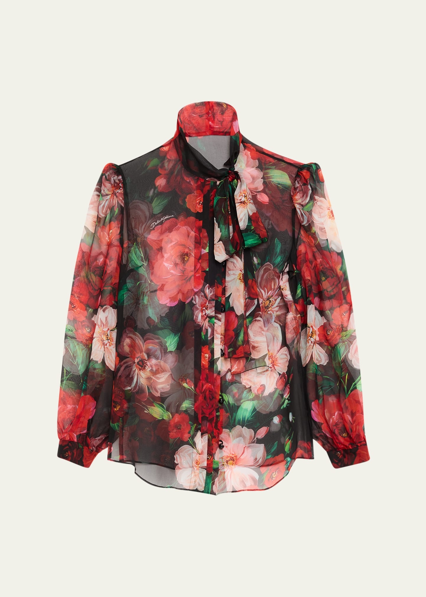 Rose Bouquet Chiffon Neck-Tie Blouse - 1