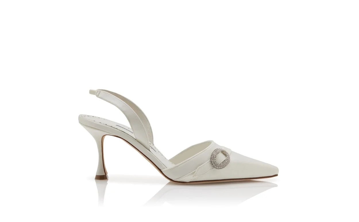 Cream Satin Crystal Buckle Slingback Pumps - 1