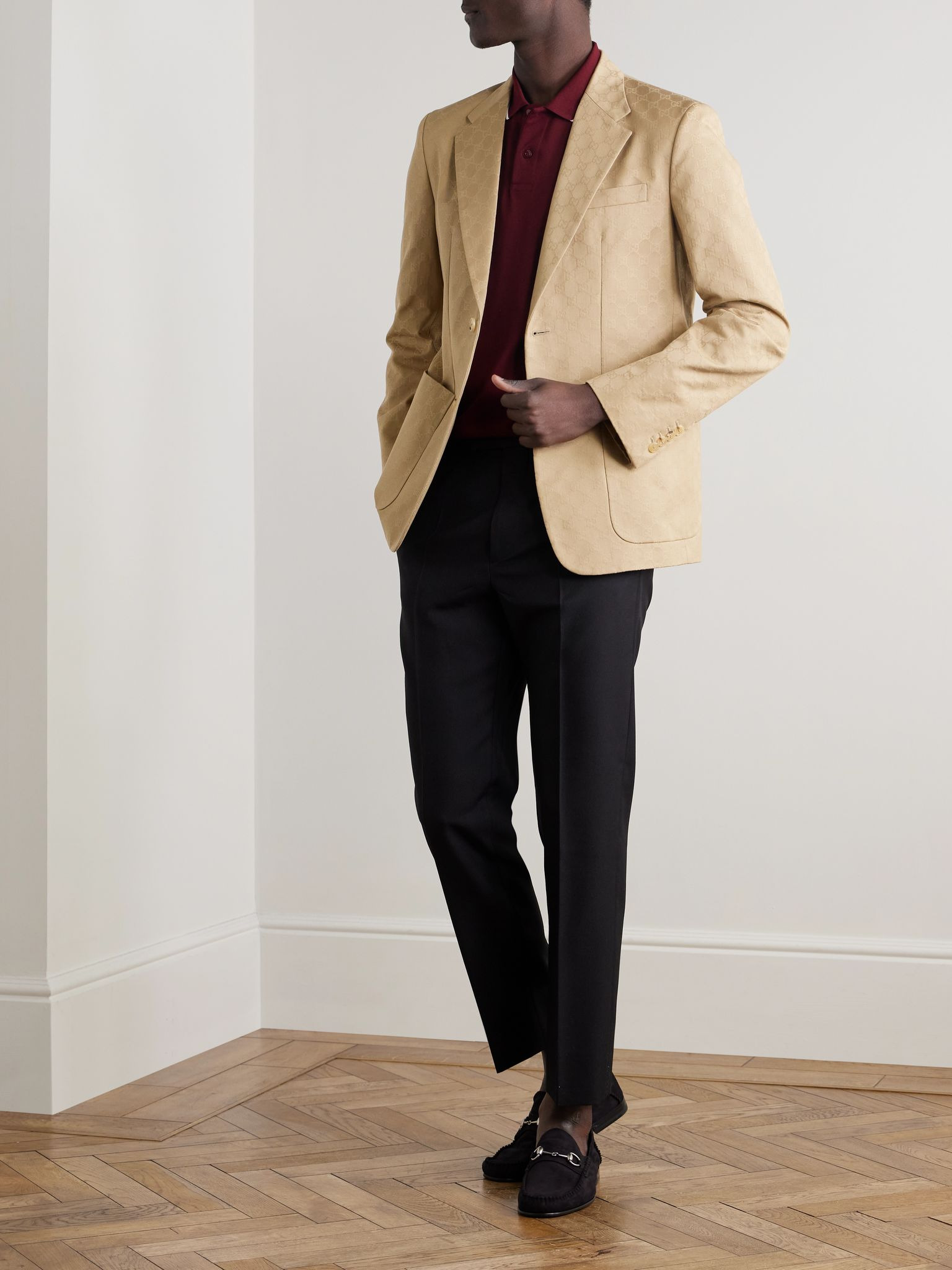 Marcello Slim-Fit Logo-Jacquard Cotton-Twill Blazer Beige - 2