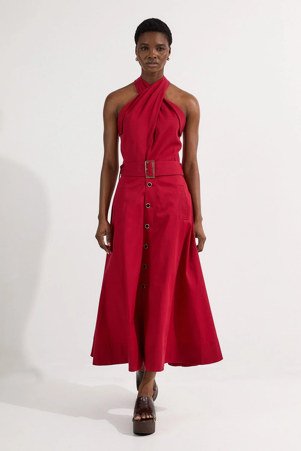 Tailored Polished Cotton Belted Halter Full Skirted Midi Dress - 1