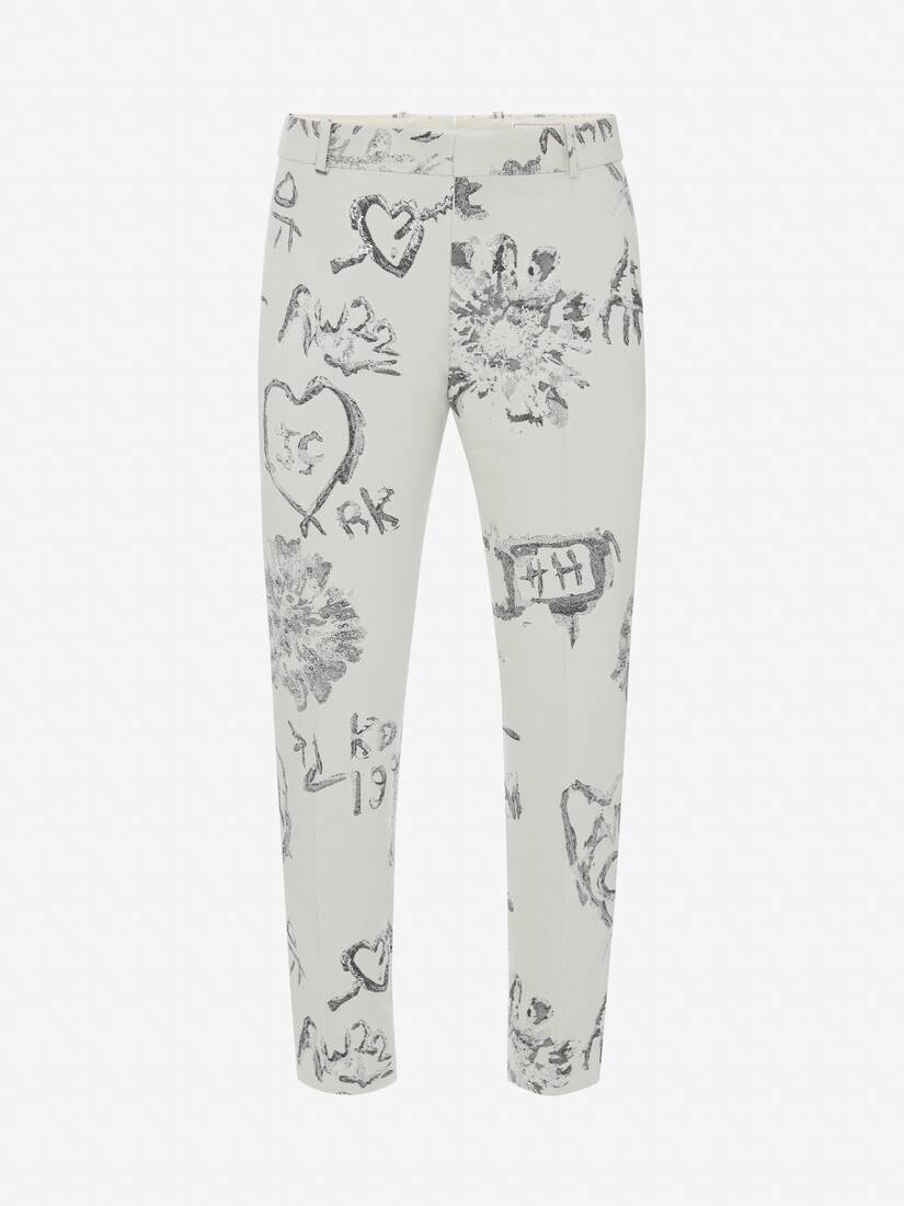 Men's Tree Graffiti Jacquard Cigarette Trousers in Ivory/black - 1