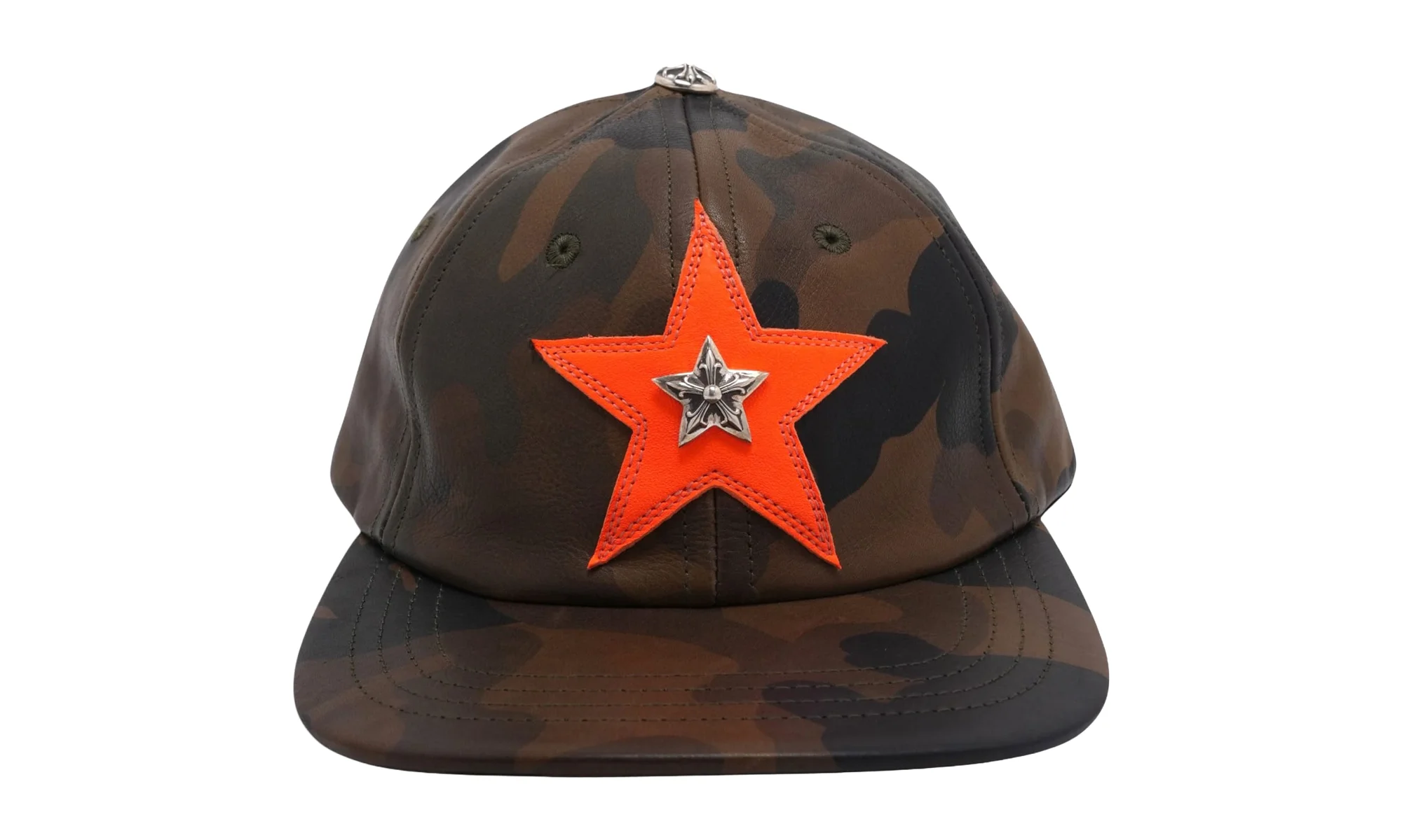 Silver Embellished Leather Star Patch Trucker Hat "Camouflage Orange" CHRM1121 - 1
