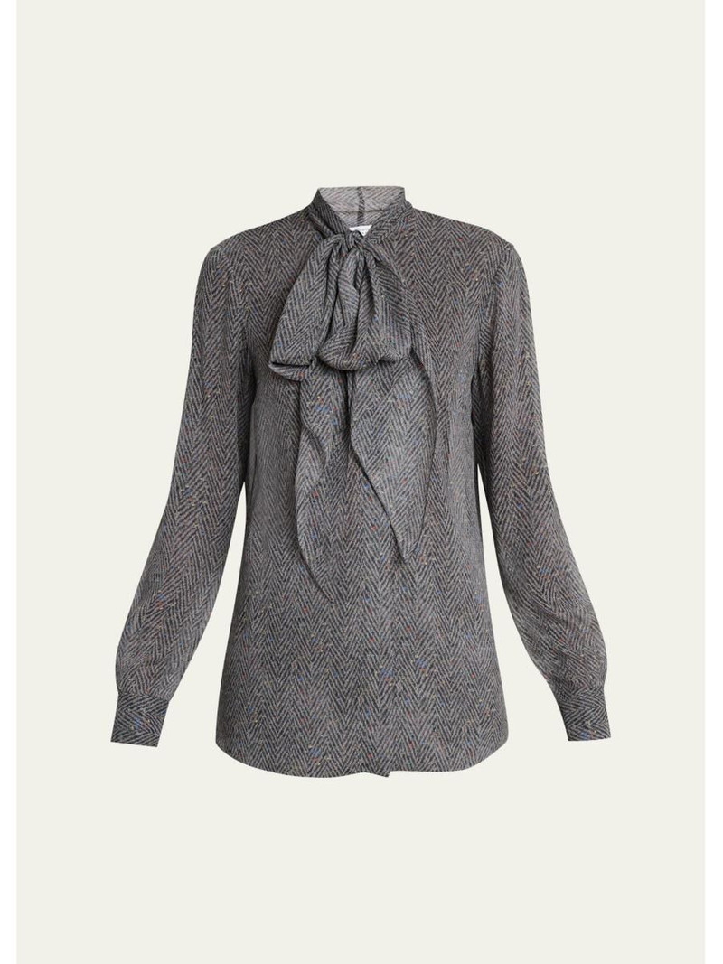 Shildon Herringbone Silk Bow Button-Down Top 1
