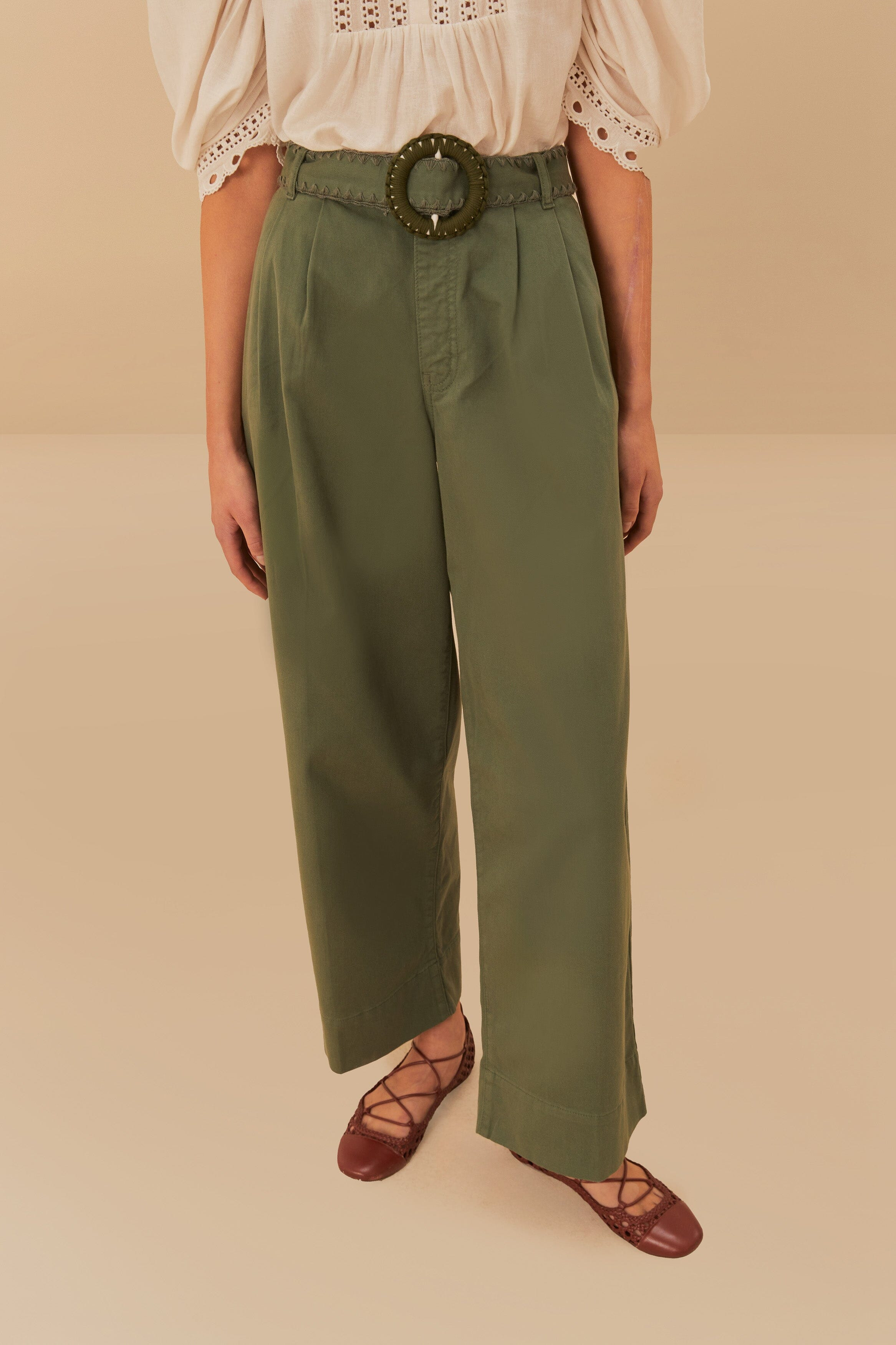 Green Twill Pleated Wide Pants - 2