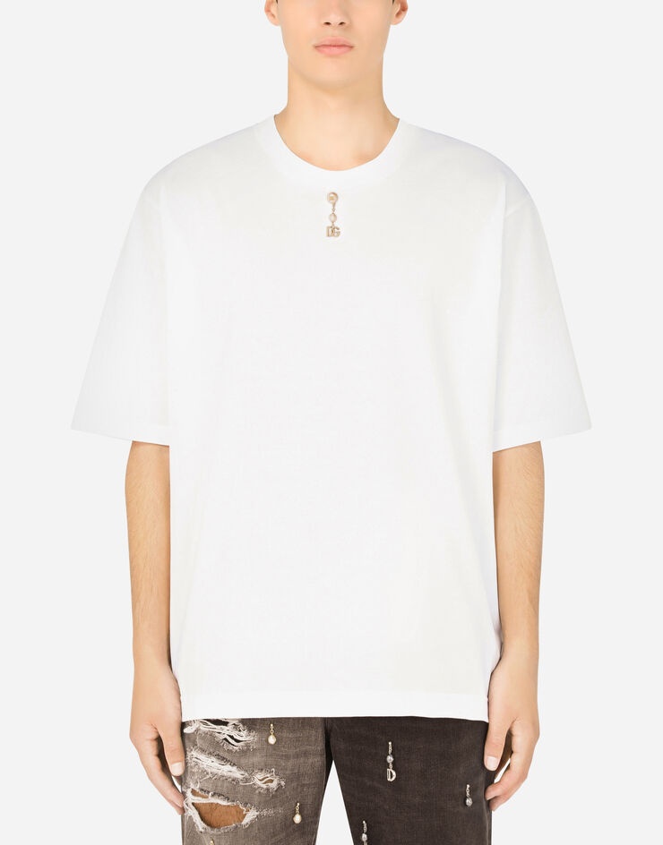 Cotton T-shirt with pearl pendant and DG logo - 1