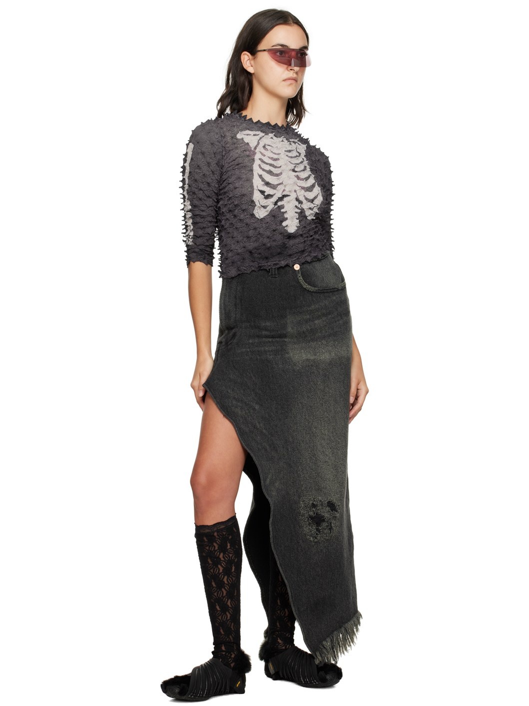 Black 1.5x Resized Denim Midi Skirt - 4