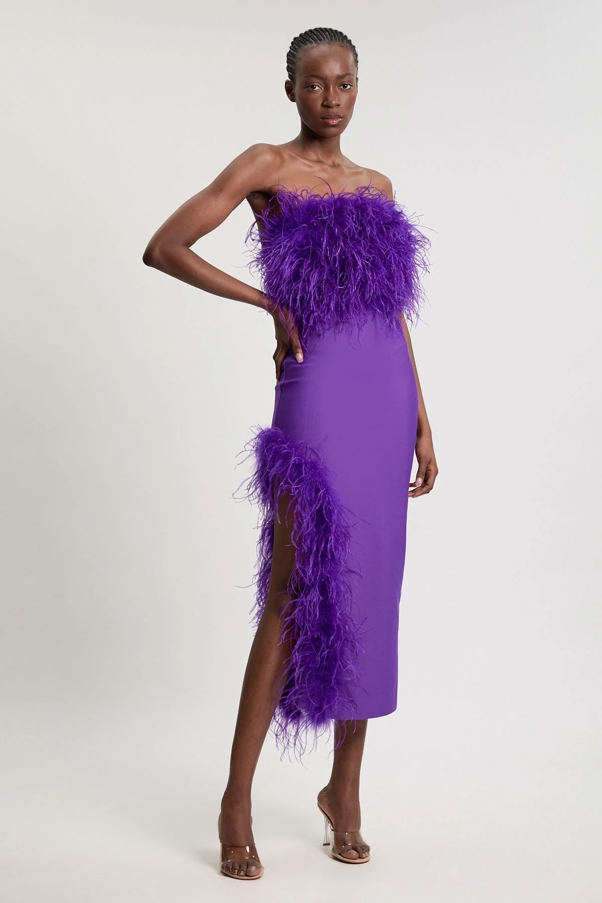 Figure Form Bandage Feather Detail Bandeau Knit Midi Dress - 1