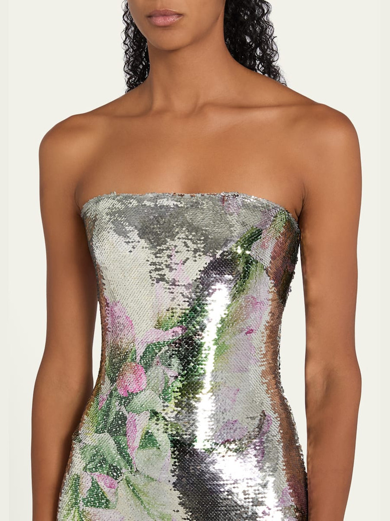 Floral-Print Sequined Strapless Column Gown 5