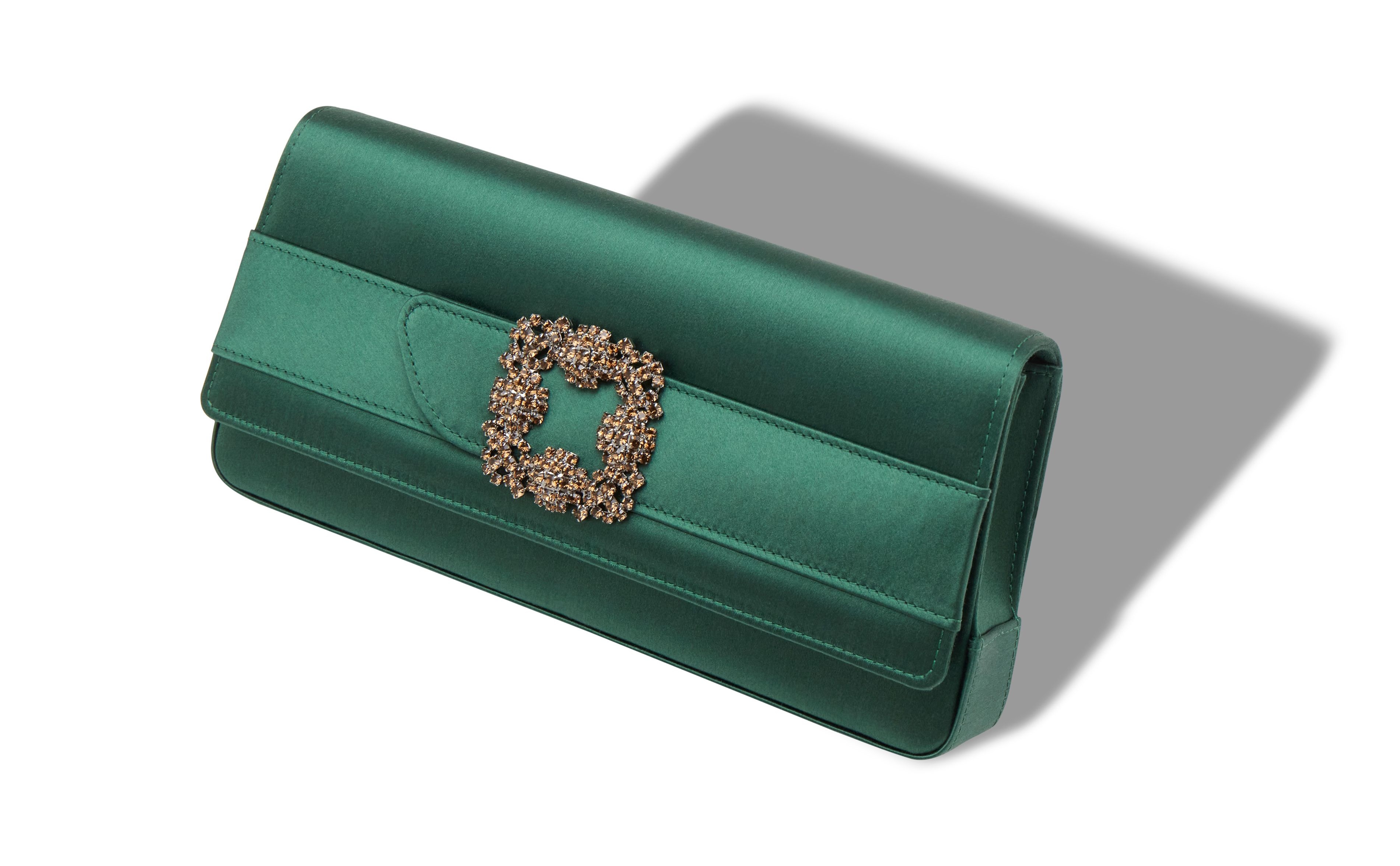 Dark Green Satin Jewel Buckle Clutch - 2