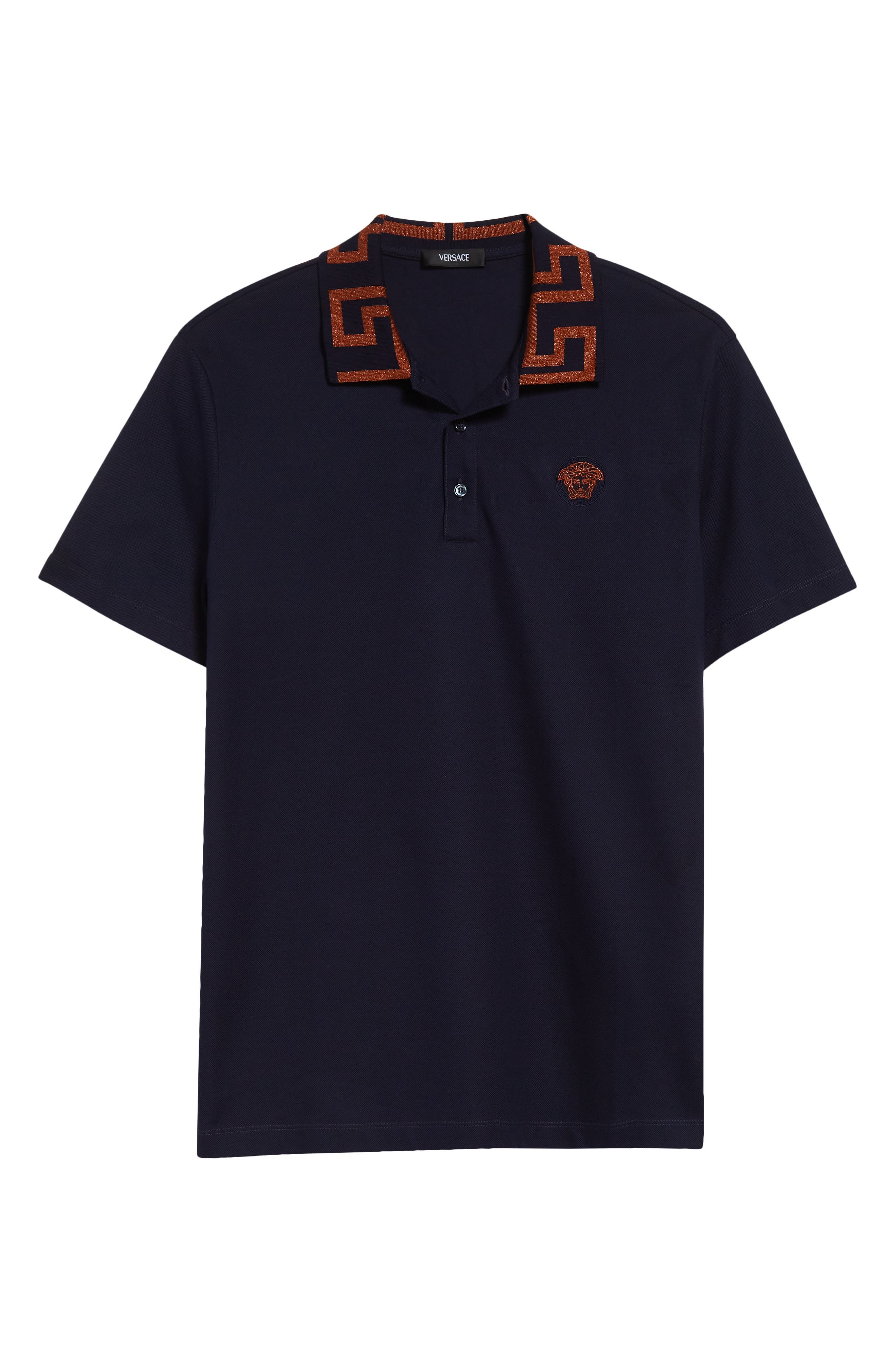 Versace Metallic Greca Collar Piqué Polo in Navy Blue at Nordstrom - 5