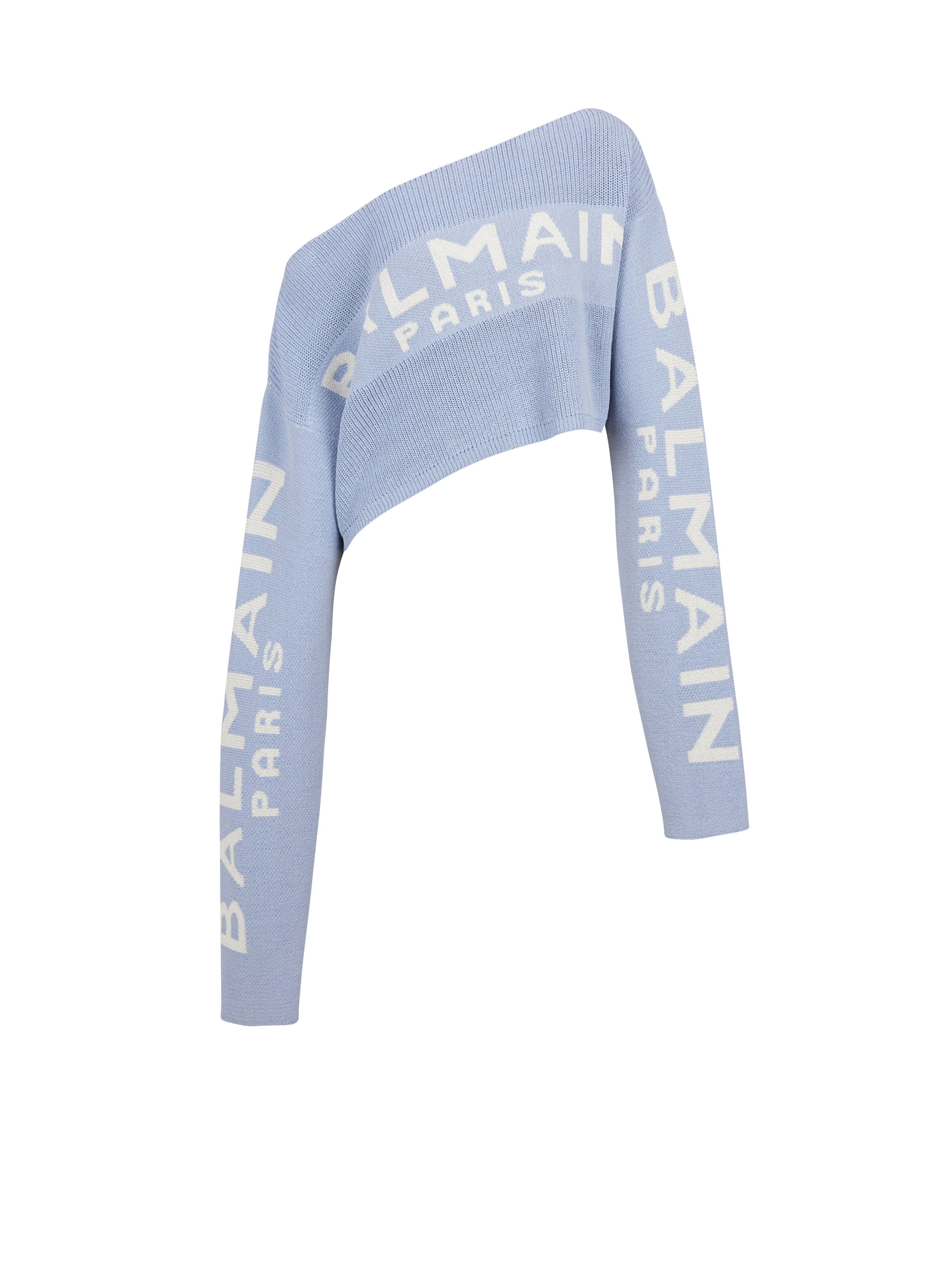 Cropped knit sweater with graffiti Balmain logo print - 1
