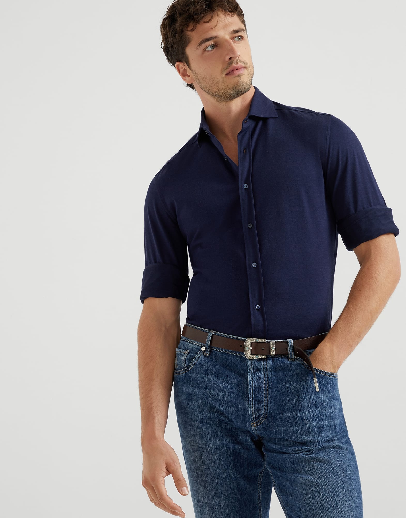 Cotton piqué basic fit shirt with spread collar - 4