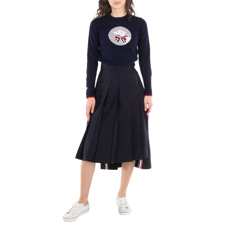 Thom Browne Ladies Navy Twill Pleated Midi Skirt - 4