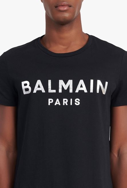 Black eco-designed cotton T-shirt with silver Balmain Paris logo print - 6