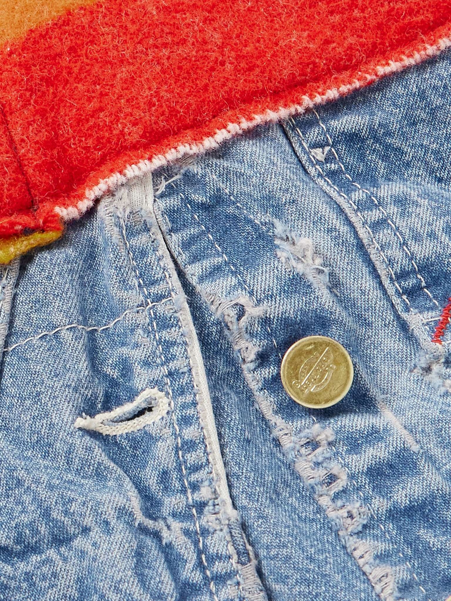 Shawl-Collar Distressed Patchwork Denim, Cotton and Wool-Blend Overshirt - 3