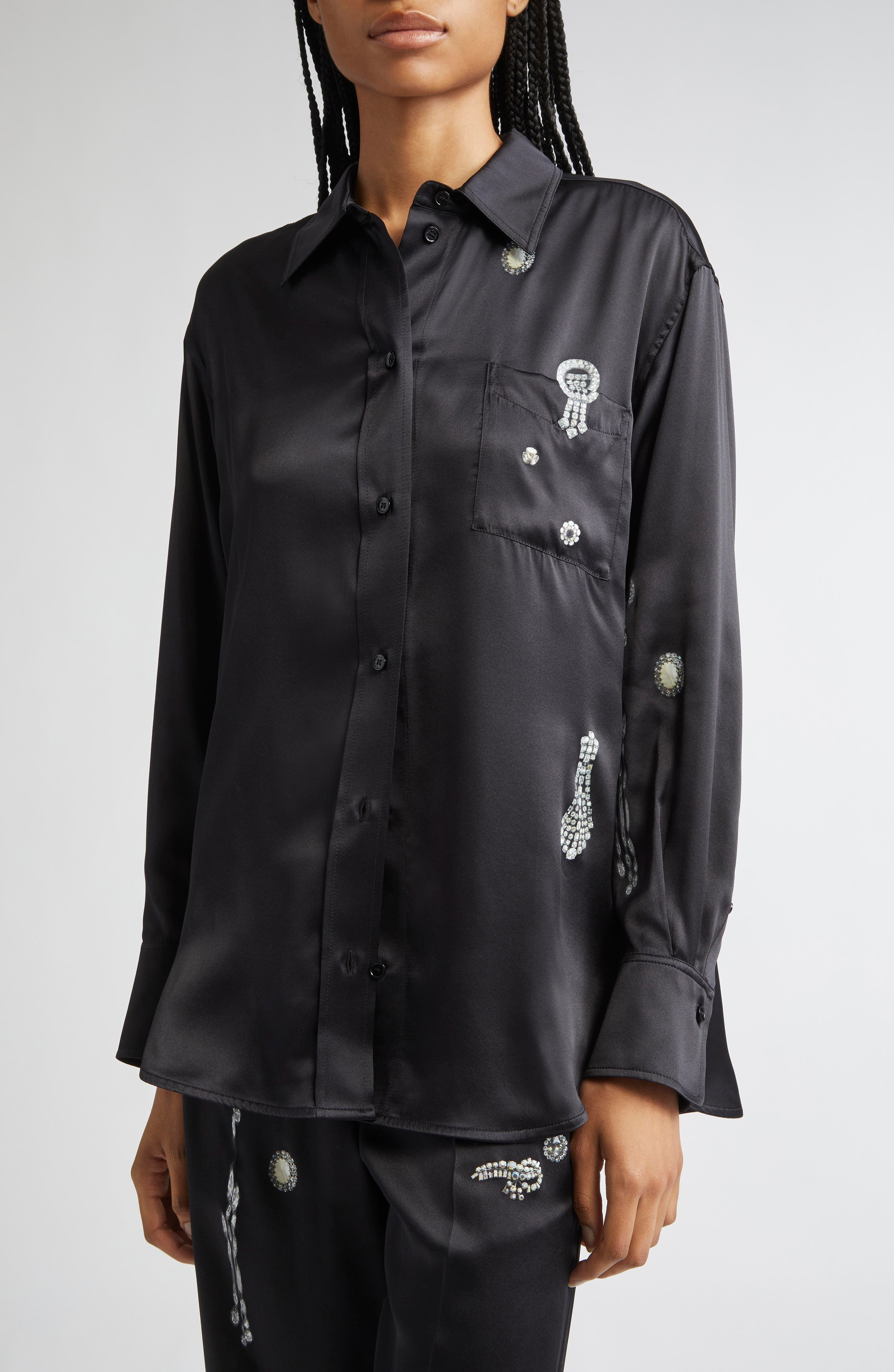 Victoria Beckham Crystal Print Silk Pajama Shirt in Black at Nordstrom - 4